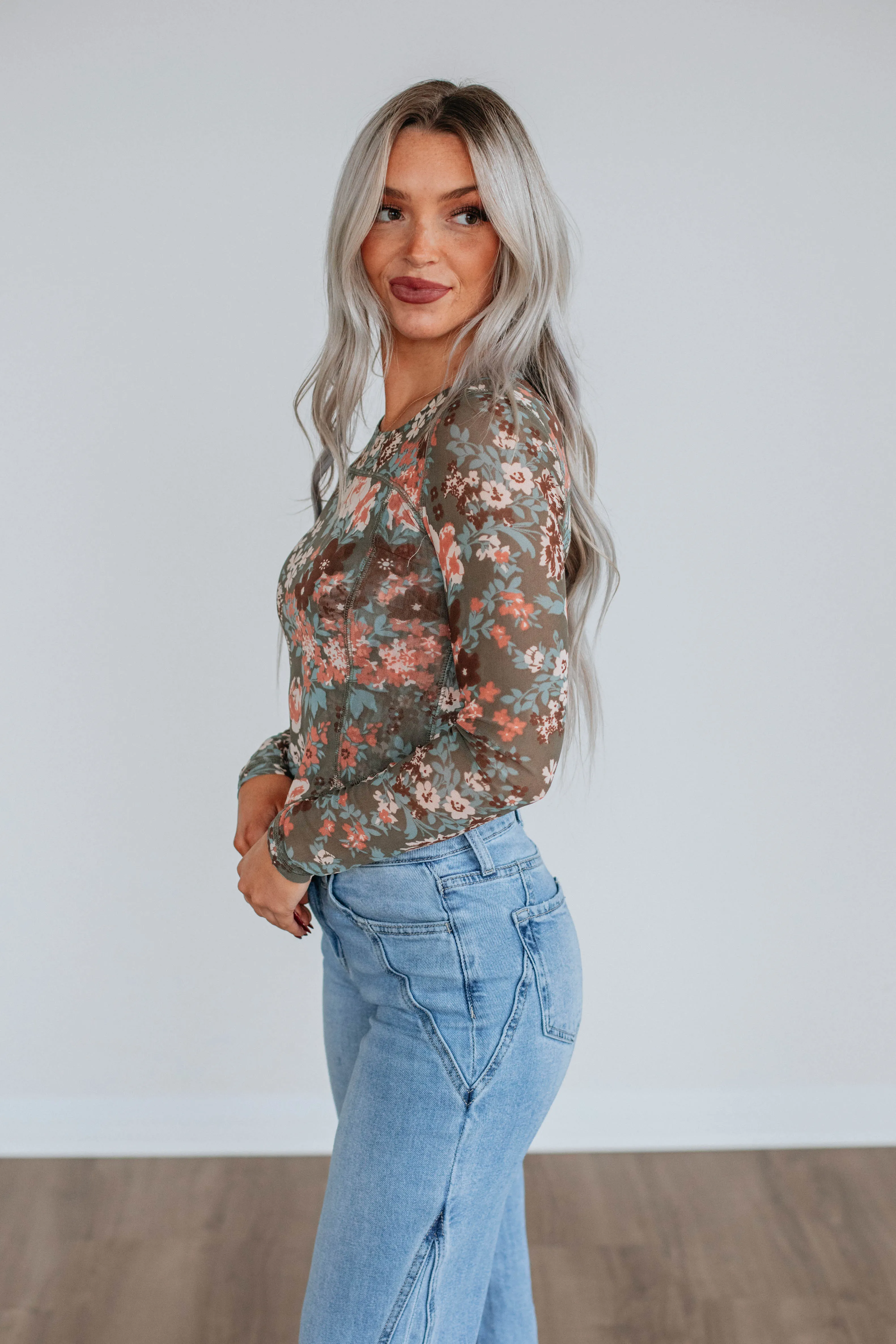 Lana Floral Mesh Top - Moss sold by Wild Oak Boutique product image thumbnail 3