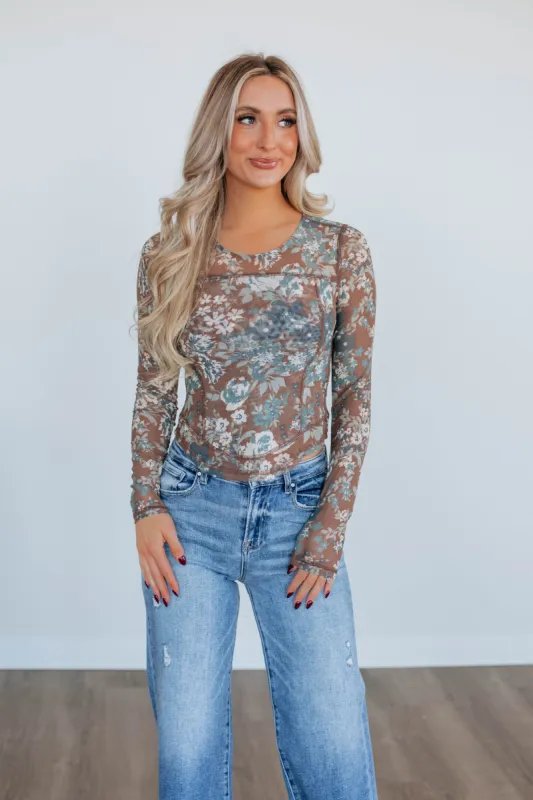 Lana Floral Mesh Top - Mocha sold by Wild Oak Boutique