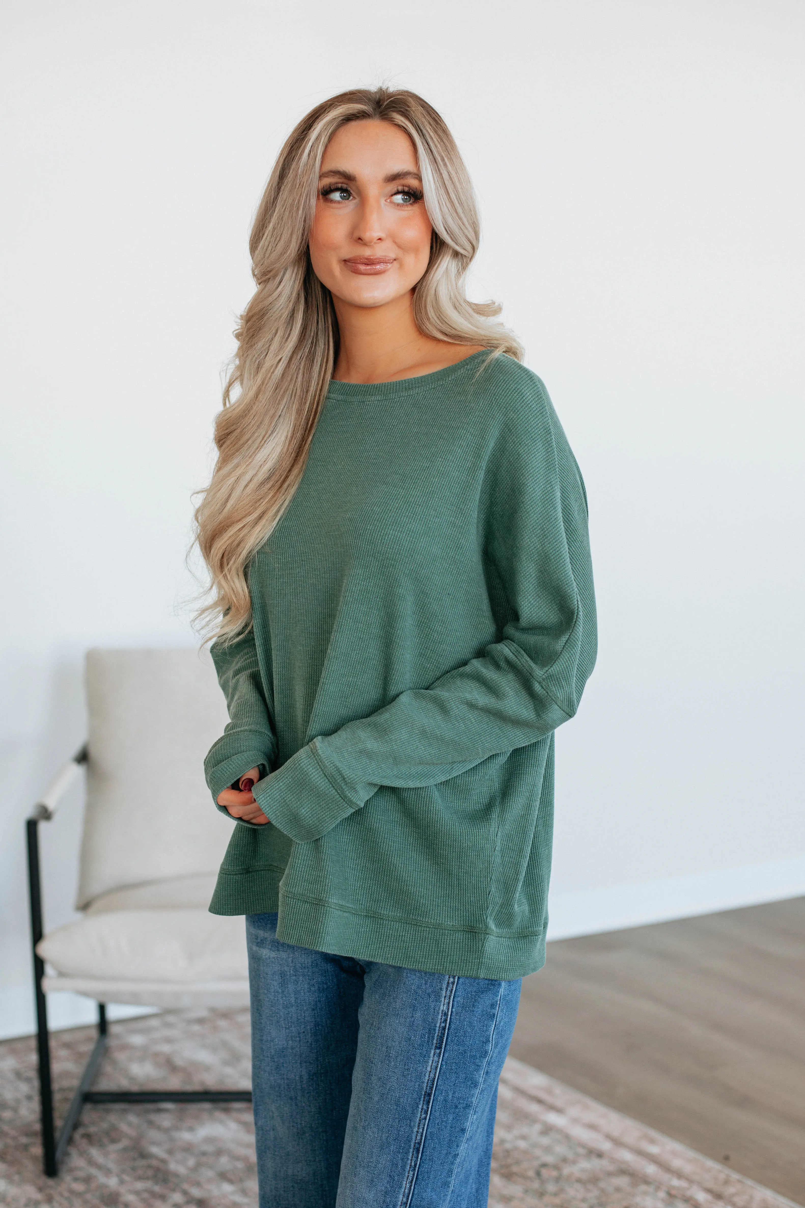 Breah Waffle Knit Top - Basil sold by Wild Oak Boutique product image thumbnail 2