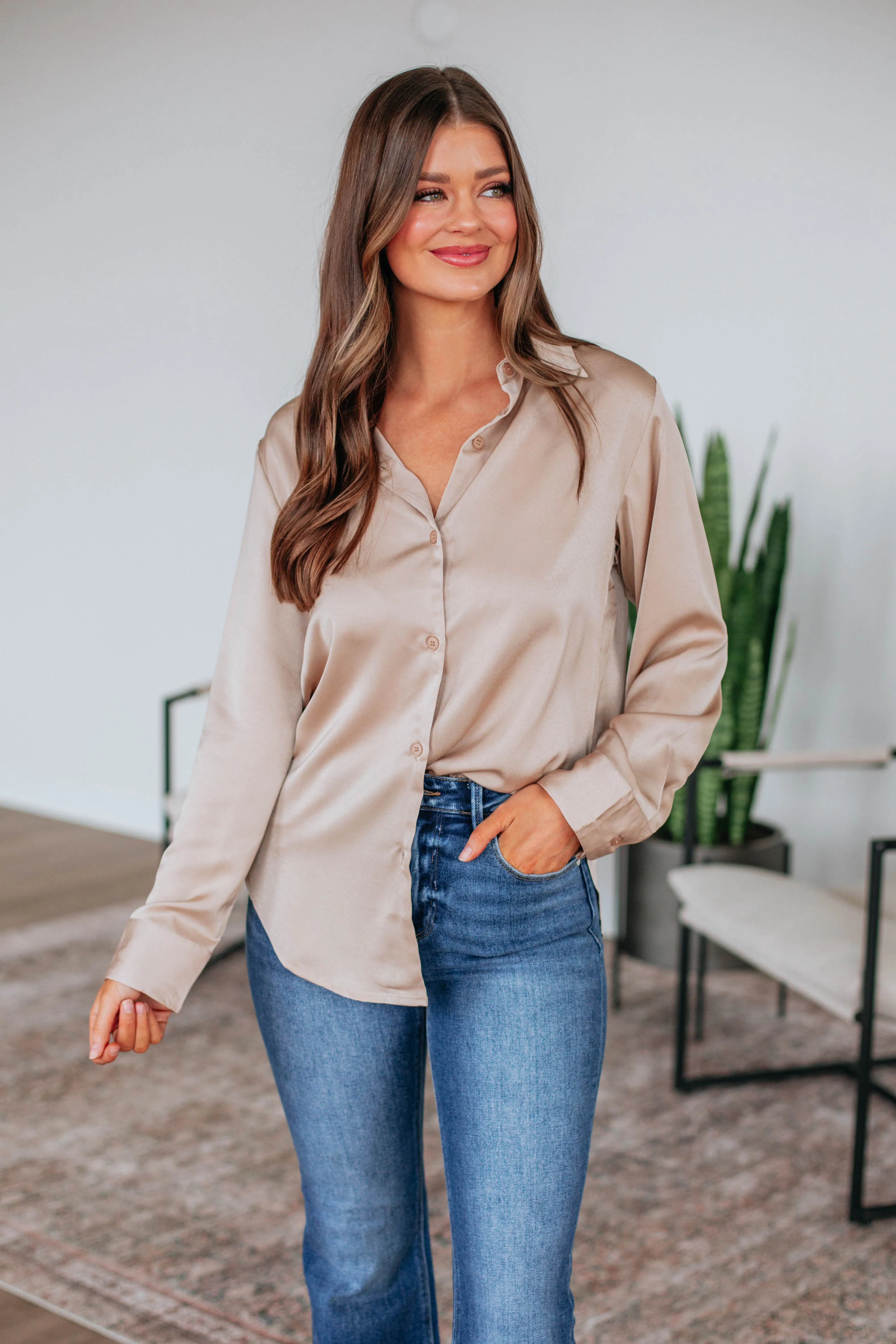 Quinn Button Down Blouse - Nude sold by Wild Oak Boutique