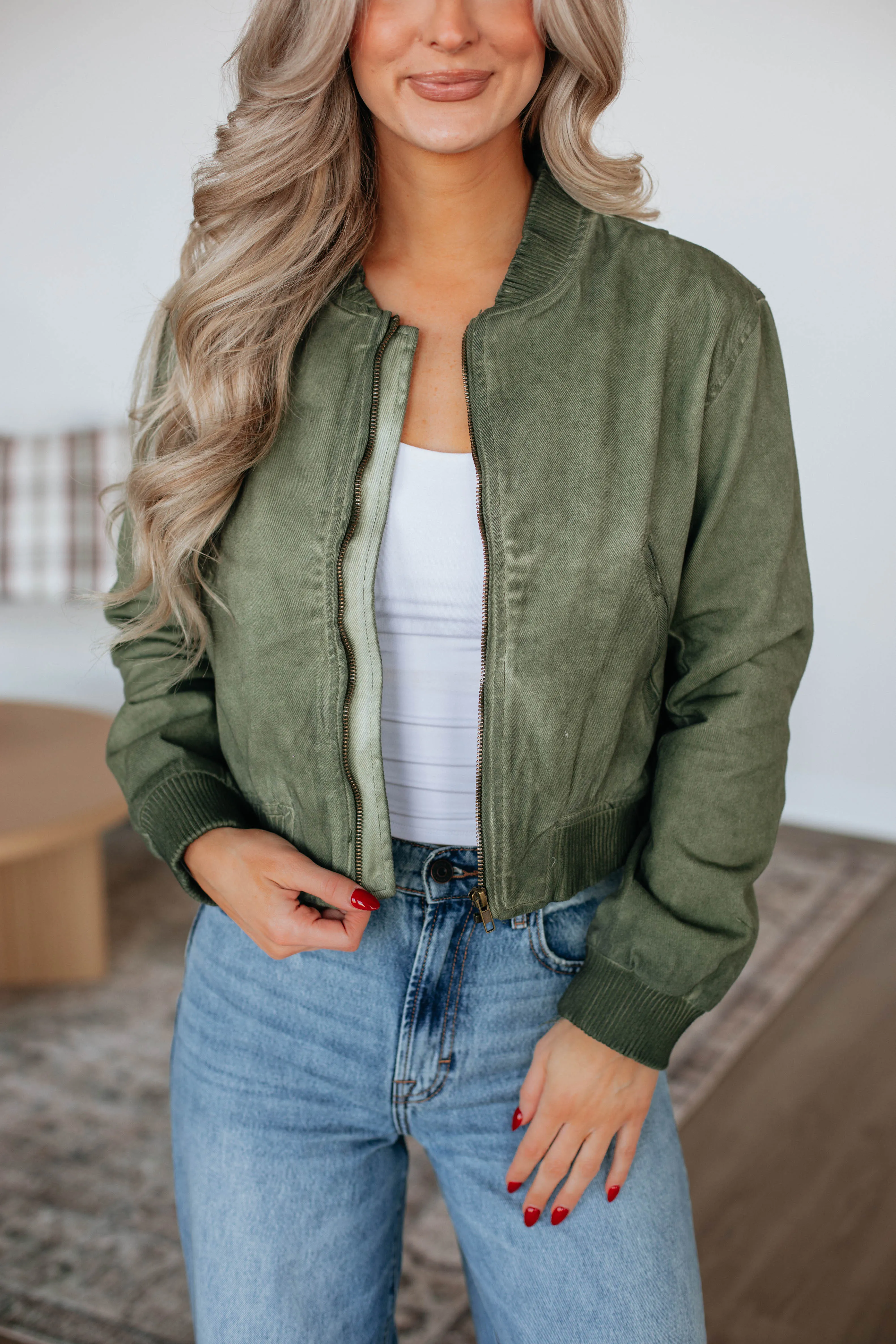 Hawkins Denim Bomber Jacket - Olive sold by Wild Oak Boutique product image thumbnail 3