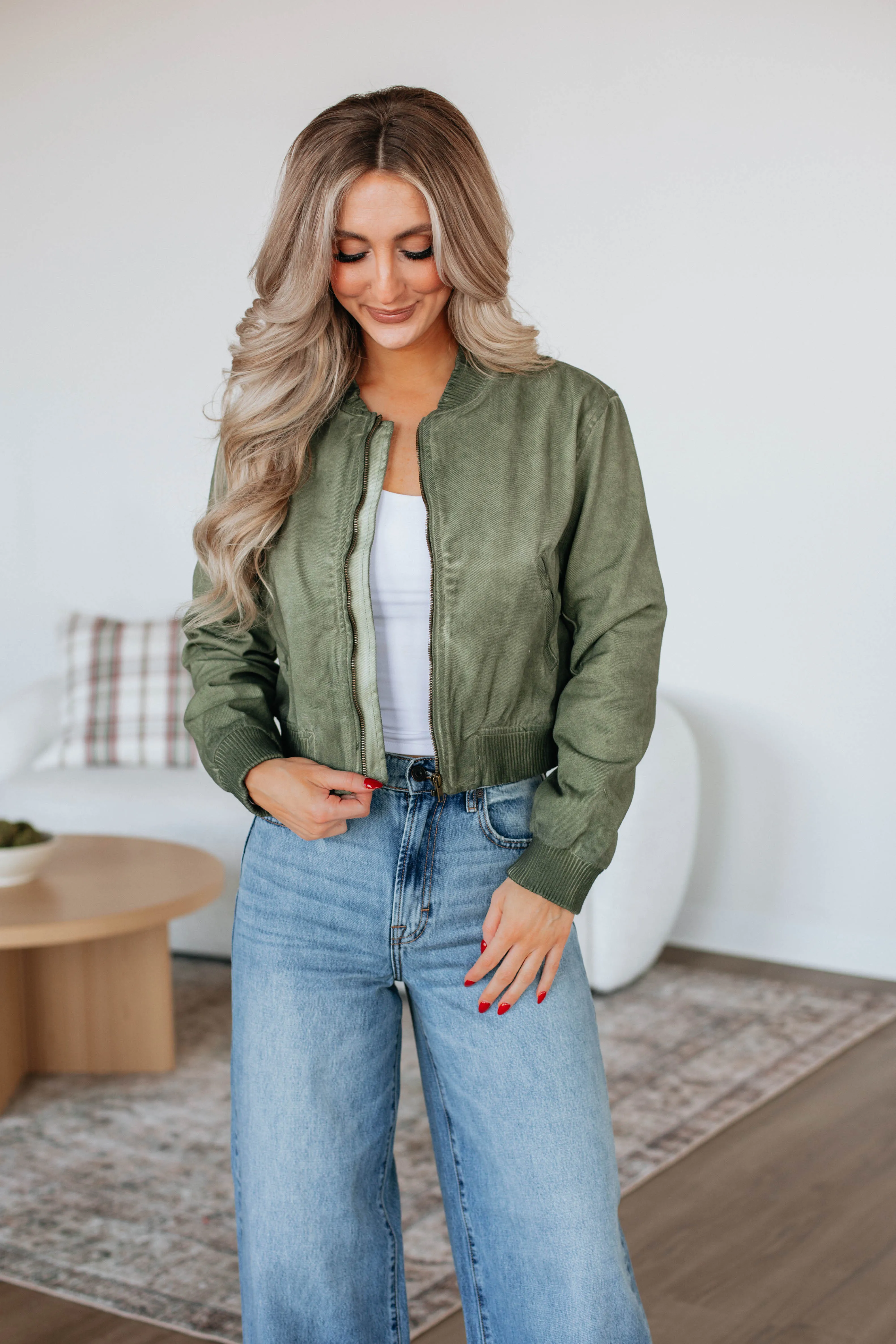 Hawkins Denim Bomber Jacket - Olive sold by Wild Oak Boutique product image thumbnail 5