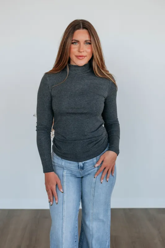 Evelina Mock Neck Top - Charcoal sold by Wild Oak Boutique