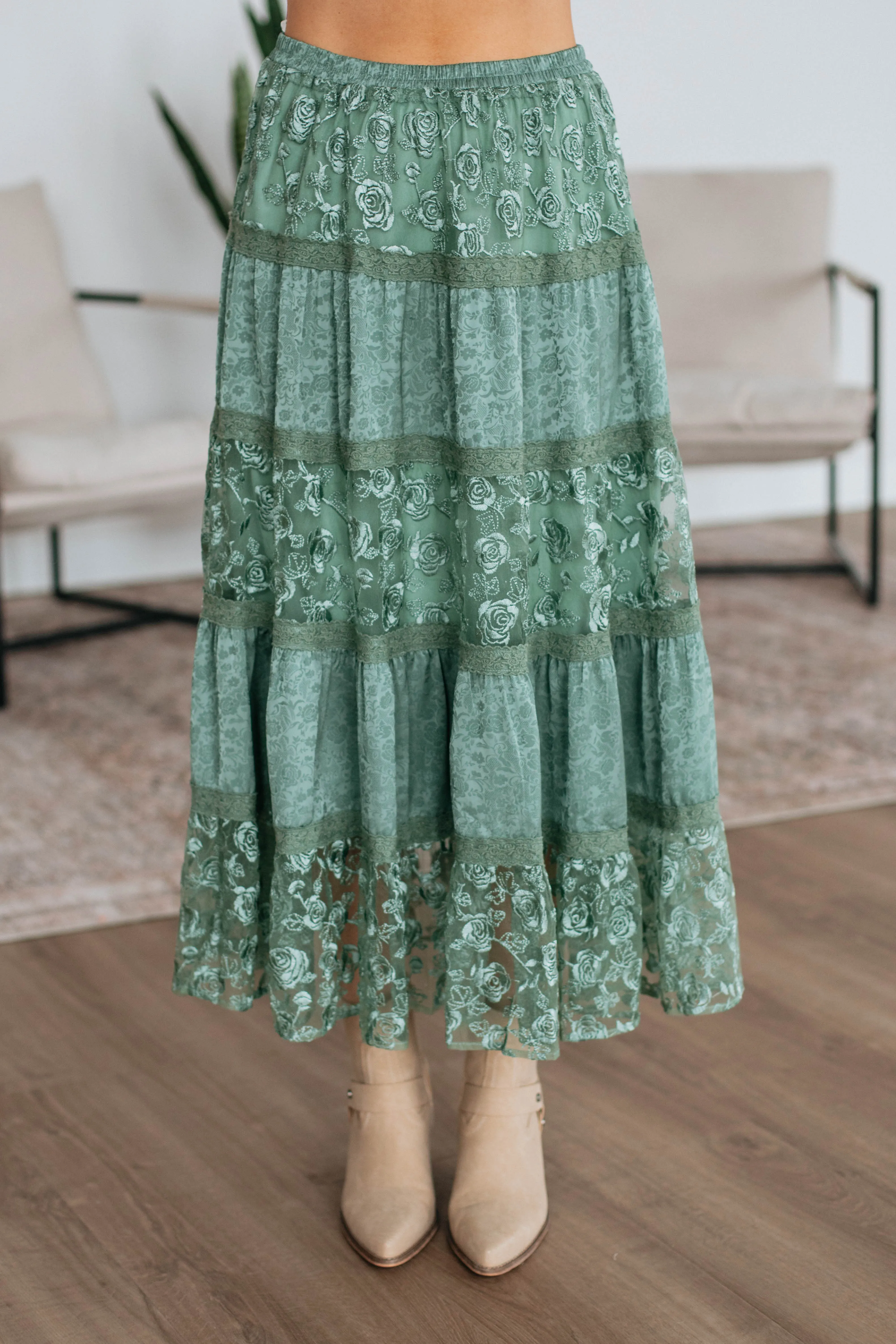 Serene Lace Maxi Skirt - Dark Sage sold by Wild Oak Boutique product image thumbnail 2