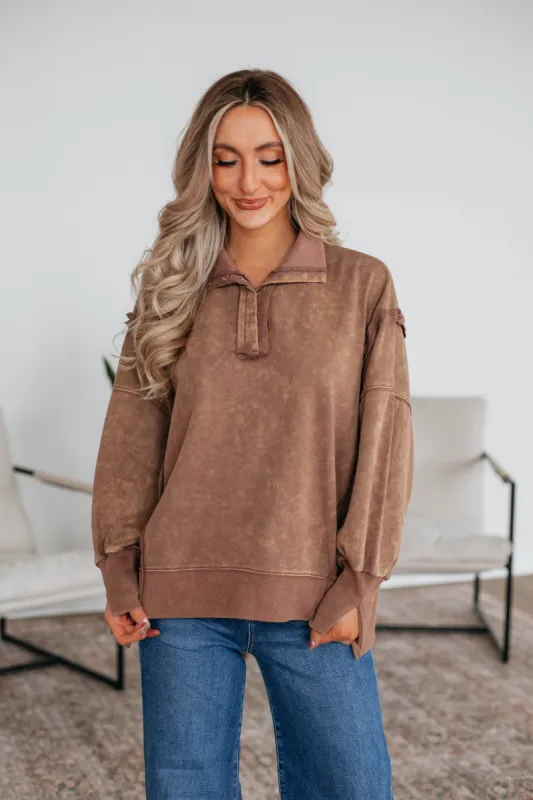 Isaiah Washed Pullover - Mocha sold by Wild Oak Boutique