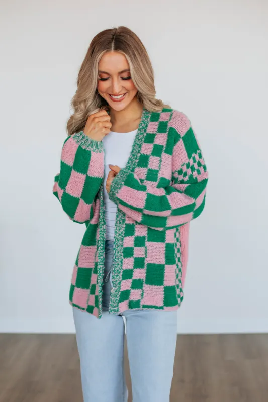 Talia Checkered Cardigan - Kelly Green Mix sold by Wild Oak Boutique