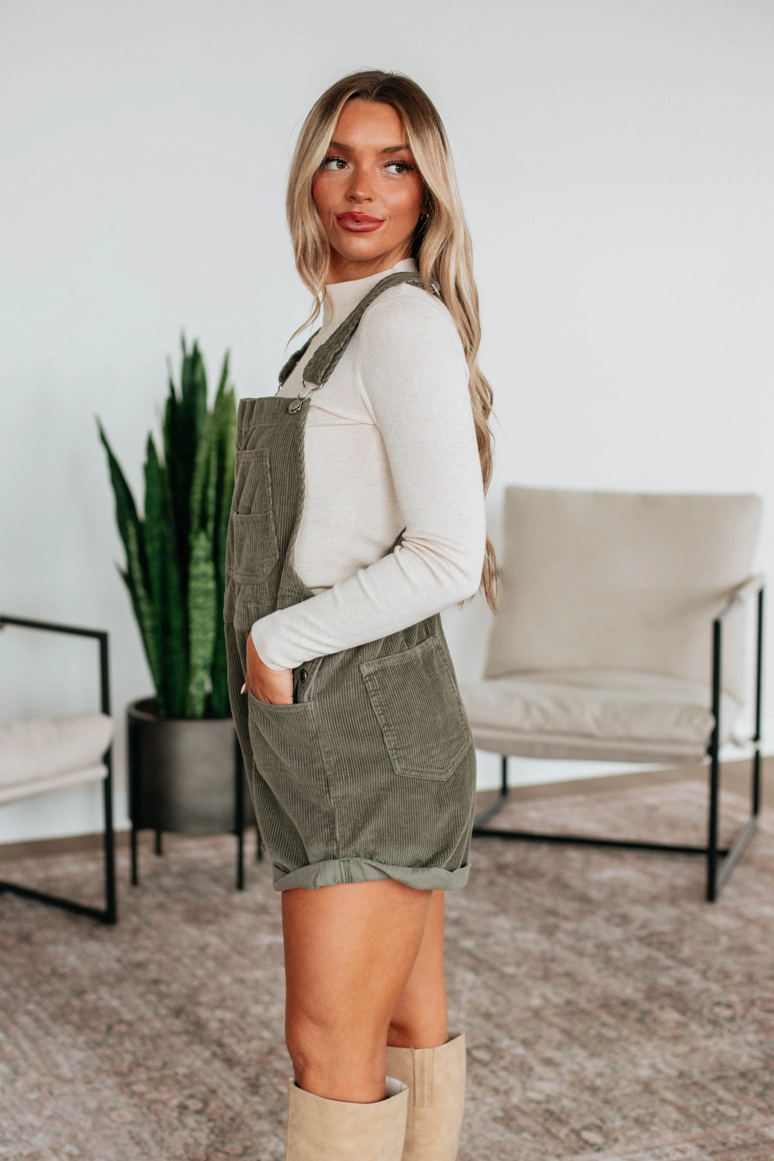 Hartley Corduroy Short Overalls - Olive sold by Wild Oak Boutique product image thumbnail 4