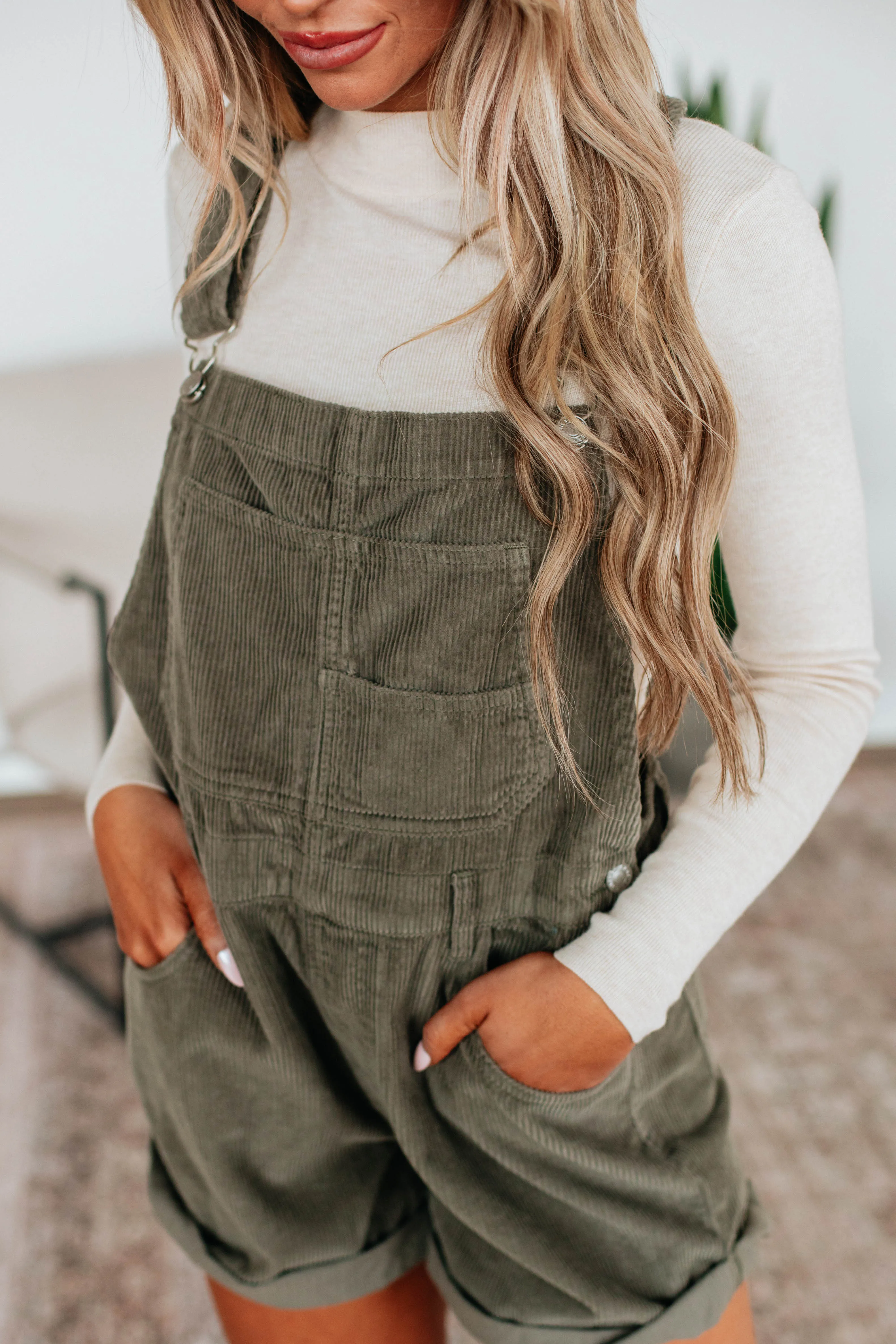 Hartley Corduroy Short Overalls - Olive sold by Wild Oak Boutique product image thumbnail 2