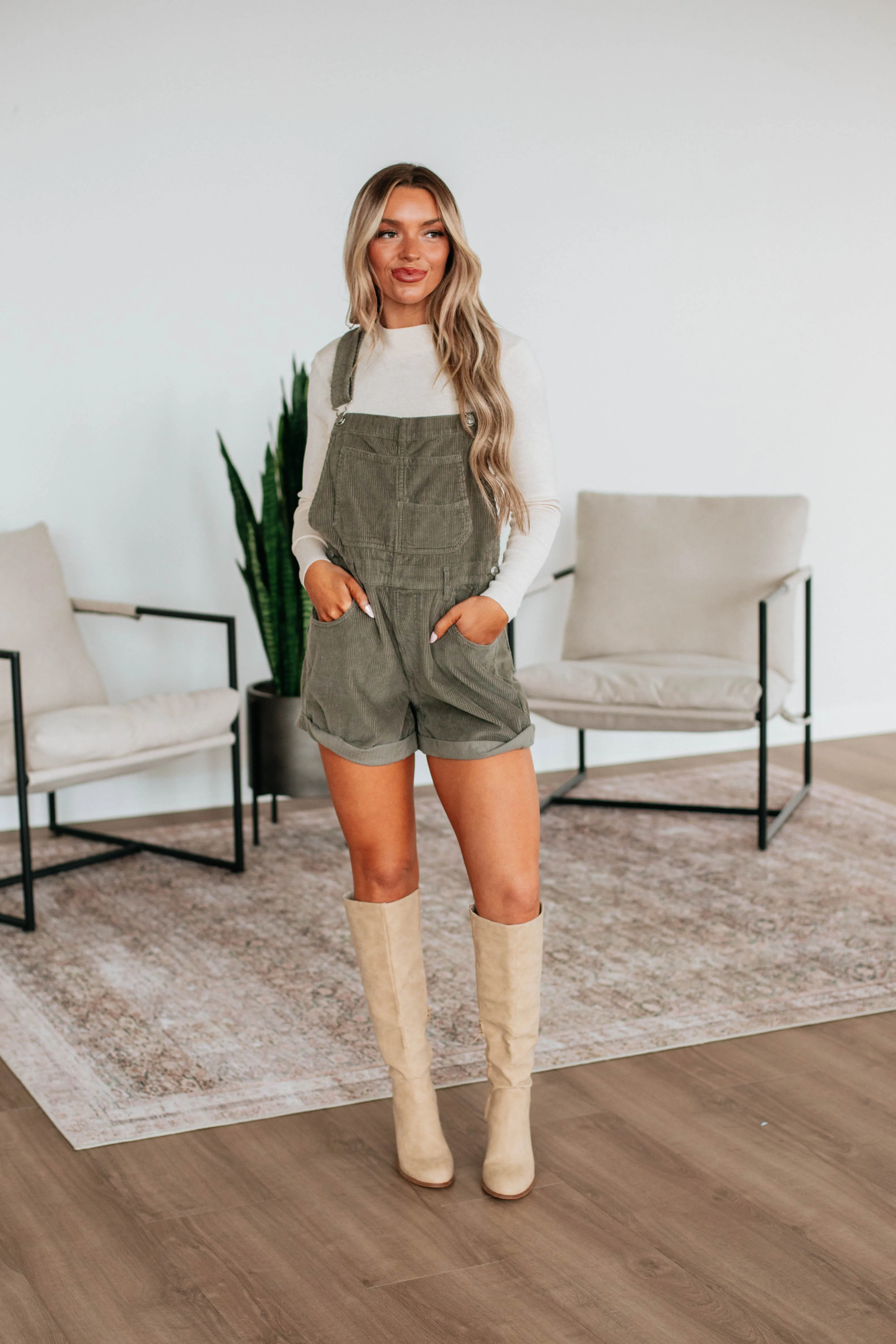 Hartley Corduroy Short Overalls - Olive sold by Wild Oak Boutique product image thumbnail 3