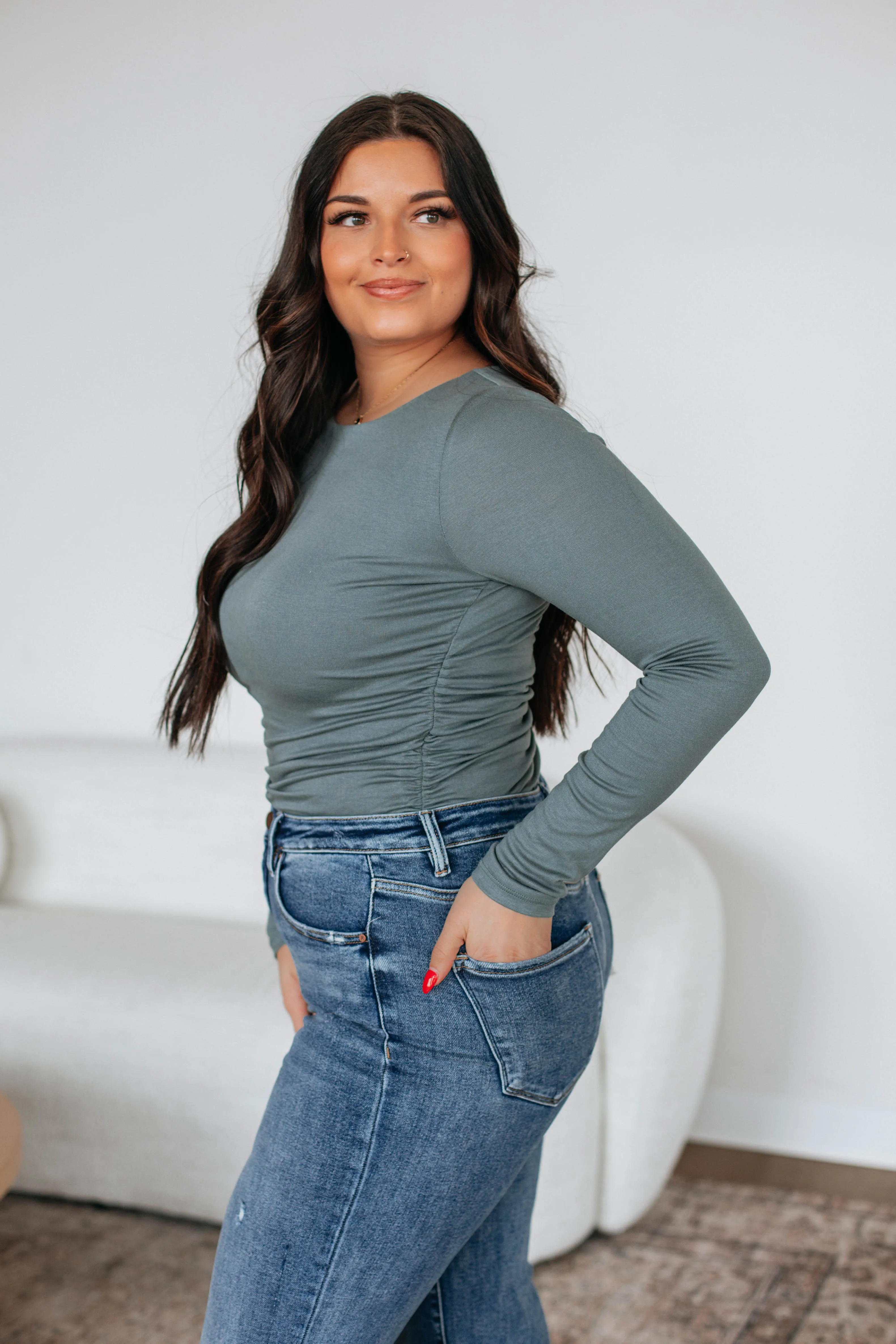 Karleigh Ruched Bodysuit - Spruce sold by Wild Oak Boutique product image thumbnail 5