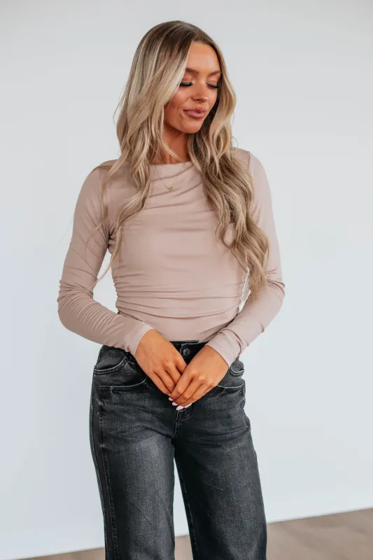 Karleigh Ruched Bodysuit - Sand sold by Wild Oak Boutique