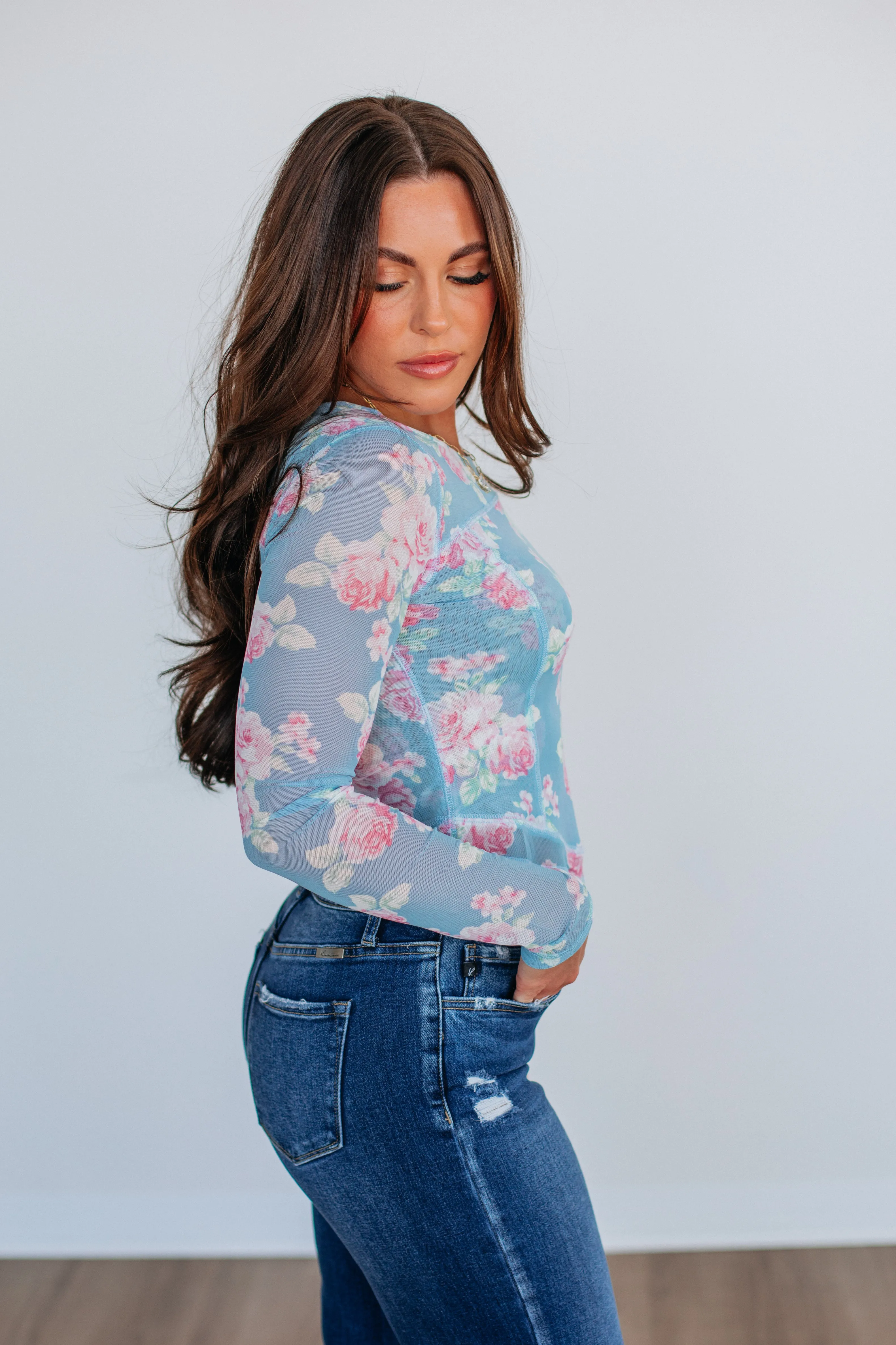 Lana Floral Mesh Top - Sky Blue Mix sold by Wild Oak Boutique product image thumbnail 3