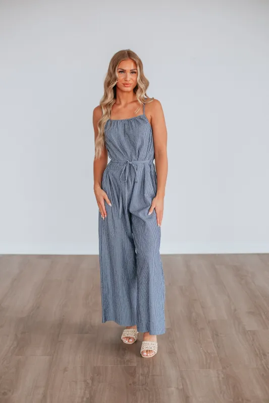 Brielle Striped Jumpsuit - Steel Blue sold by Wild Oak Boutique
