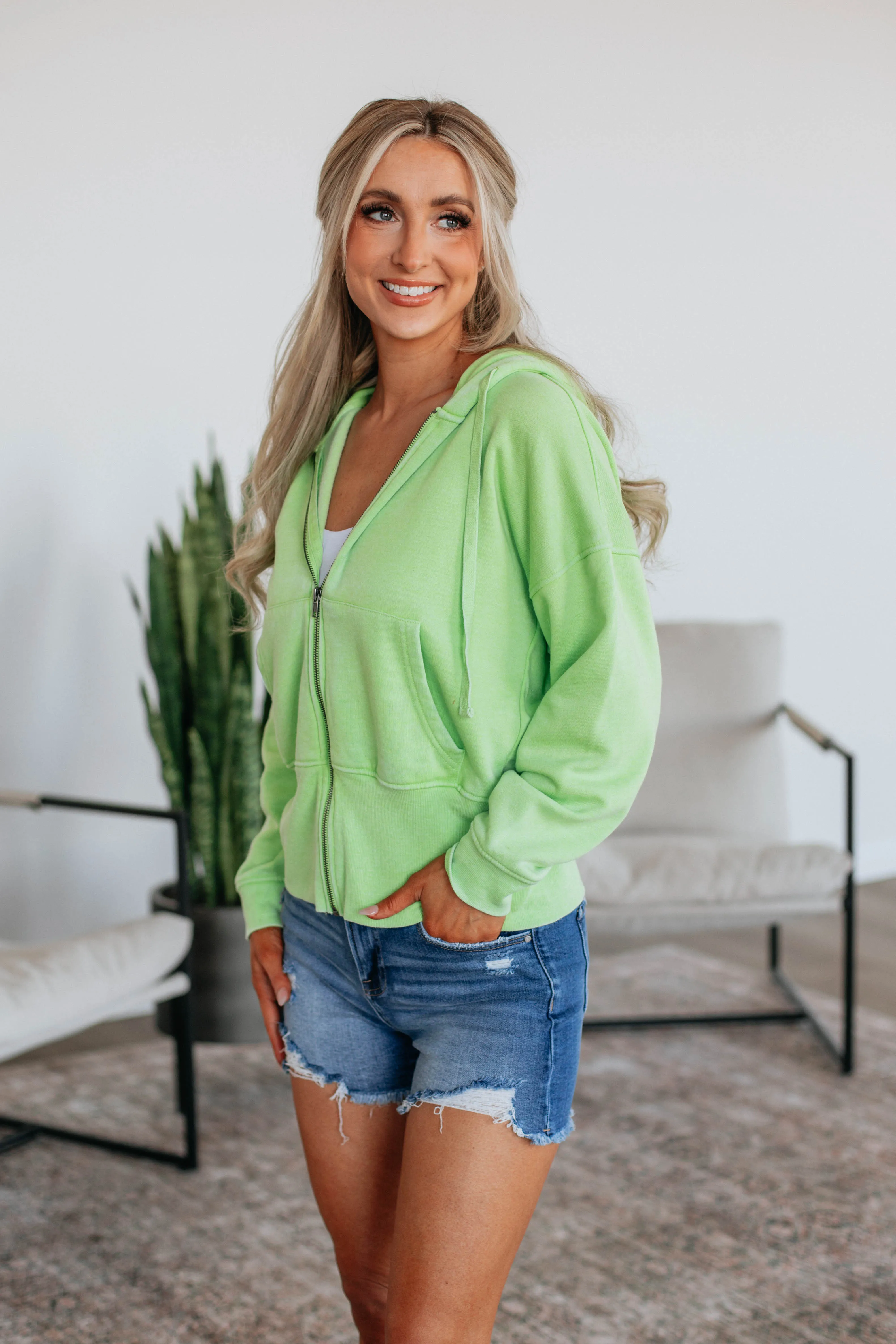 Maxwell Washed Zip-Up Hoodie - Kiwi sold by Wild Oak Boutique product image thumbnail 3