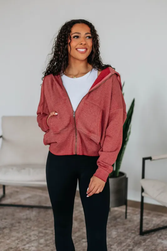 Maxwell Washed Zip-Up Hoodie - Dusty Red sold by Wild Oak Boutique