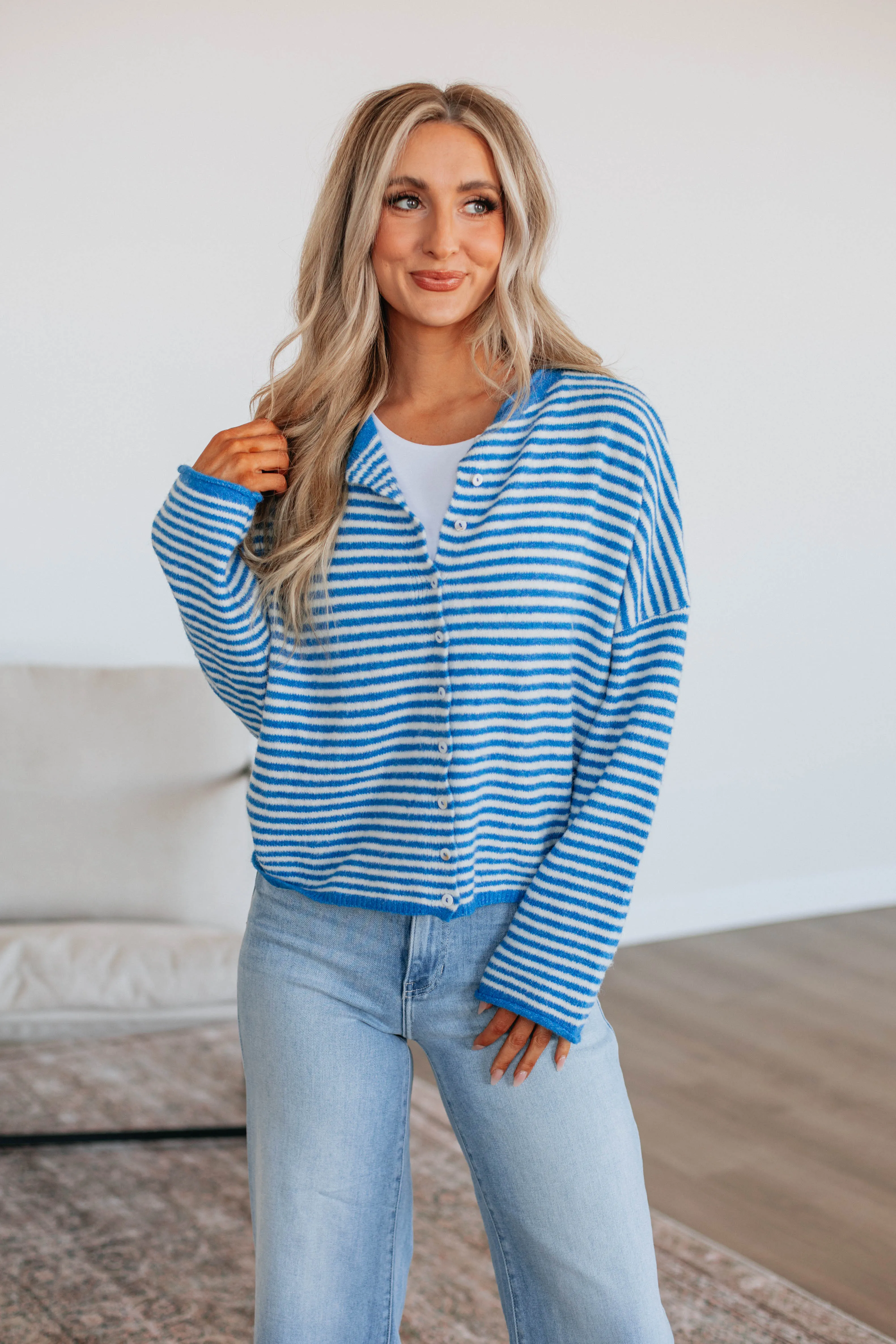 Zoelle Striped Cardigan - Royal Blue Mix sold by Wild Oak Boutique product image thumbnail 2