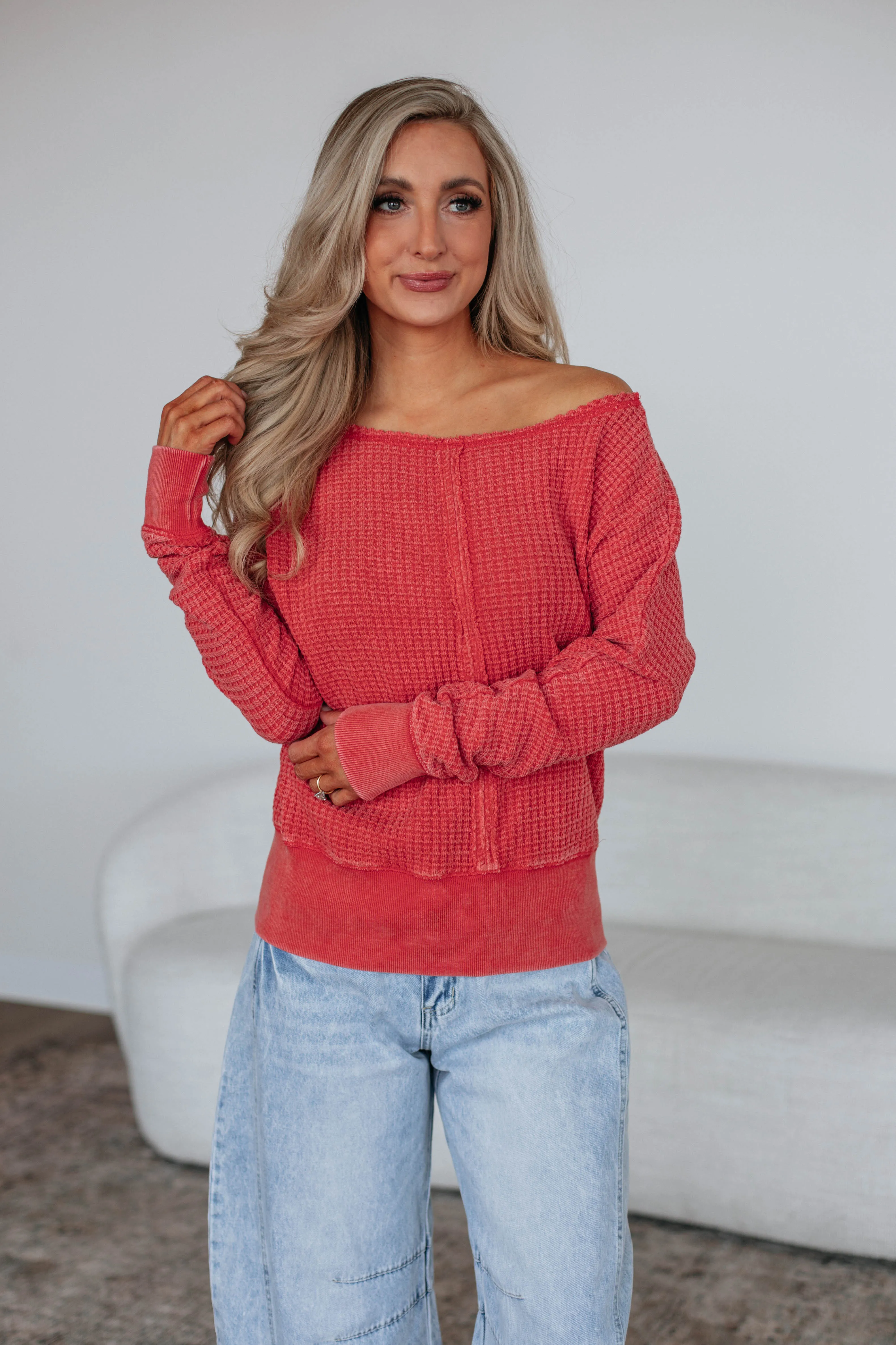 Twilah Waffle Knit Top - Dusty Red sold by Wild Oak Boutique product image thumbnail 5