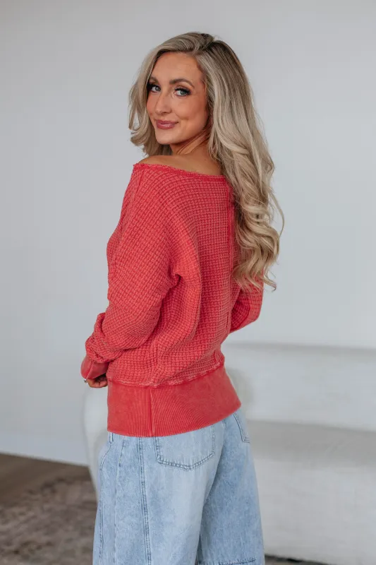 Twilah Waffle Knit Top - Dusty Red sold by Wild Oak Boutique
