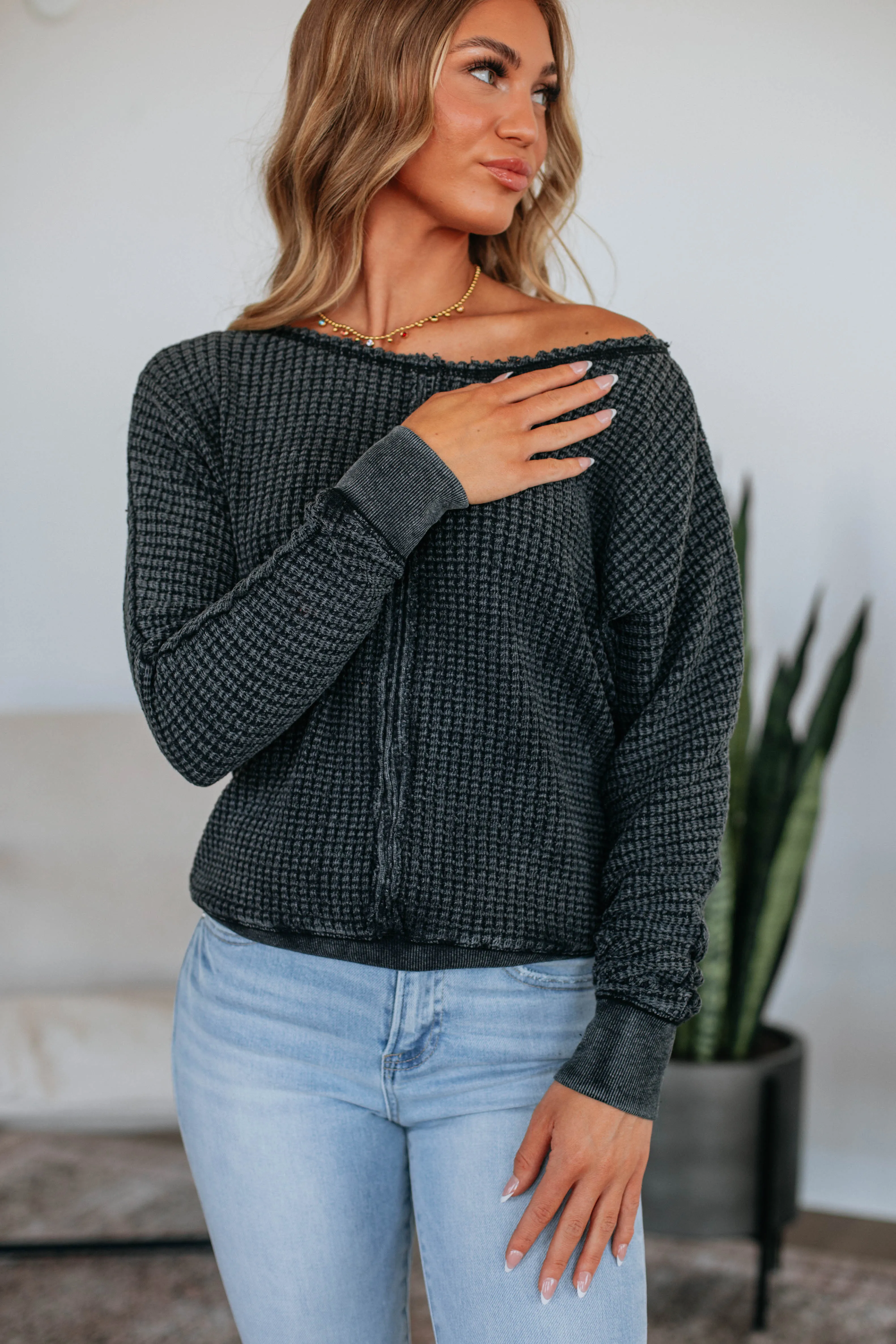Twilah Waffle Knit Top - Black sold by Wild Oak Boutique product image thumbnail 2