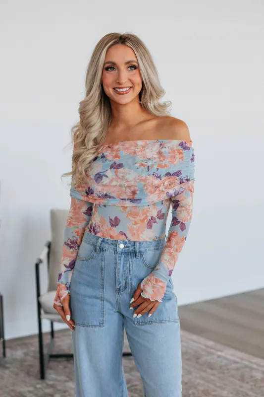 Elise Floral Mesh Bodysuit - Peach Mix sold by Wild Oak Boutique