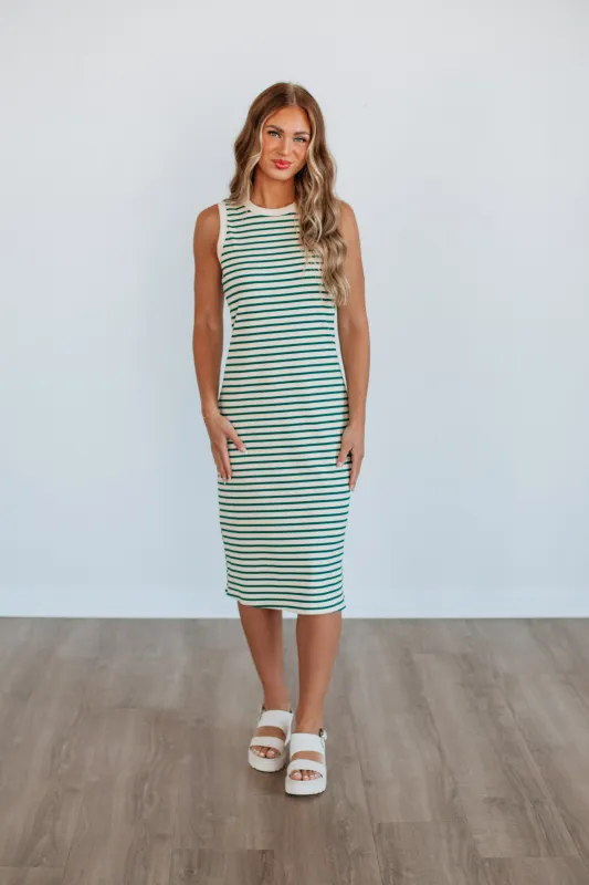 Pattie Striped Dress - Hunter Green Mix sold by Wild Oak Boutique