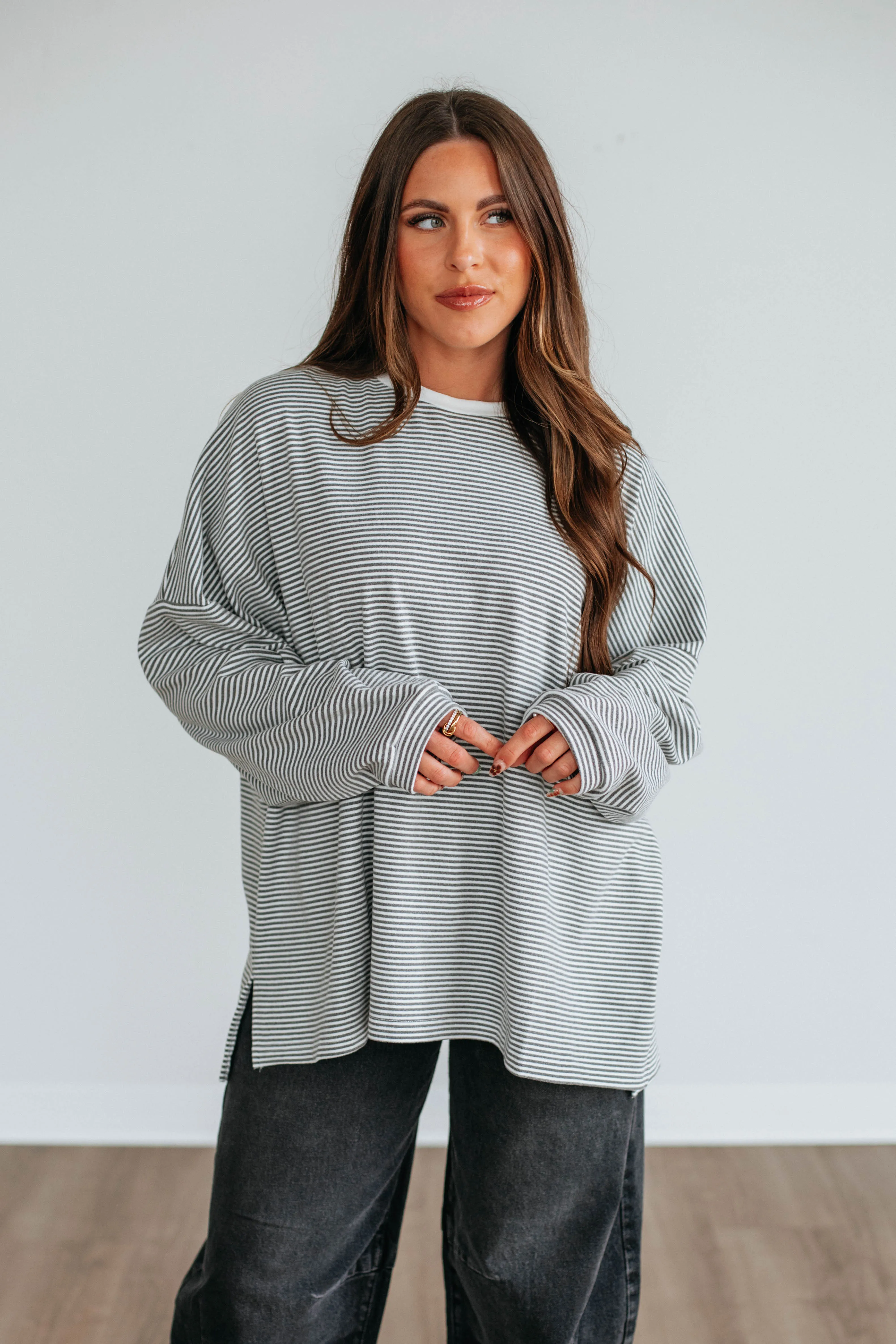 Cayla Striped Top - Charcoal Mix sold by Wild Oak Boutique