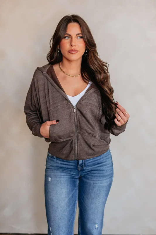 Maxwell Washed Zip-Up Hoodie - Espresso sold by Wild Oak Boutique