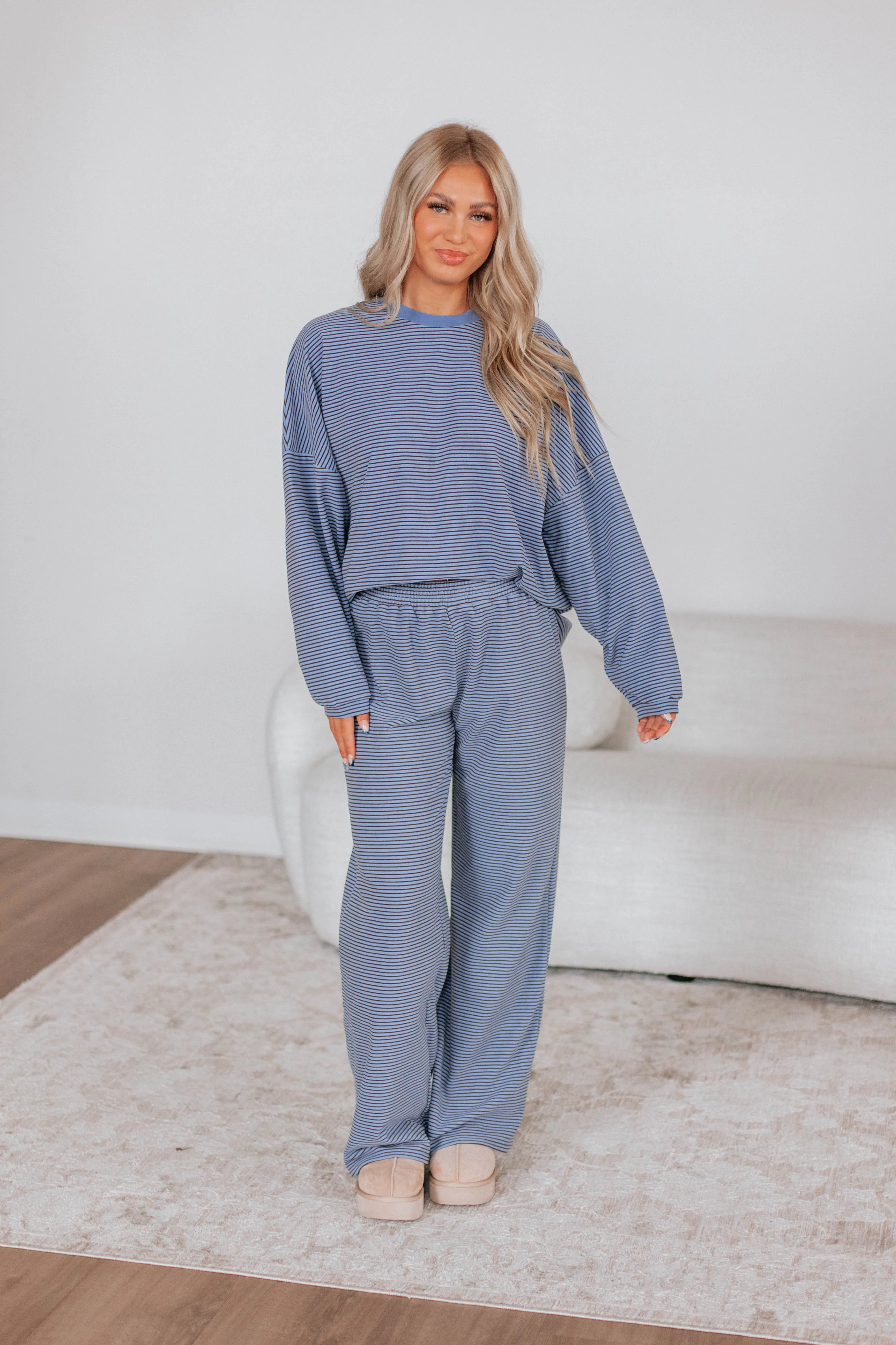 Cayla Striped Pants - Dusty Periwinkle Mix sold by Wild Oak Boutique product image thumbnail 3