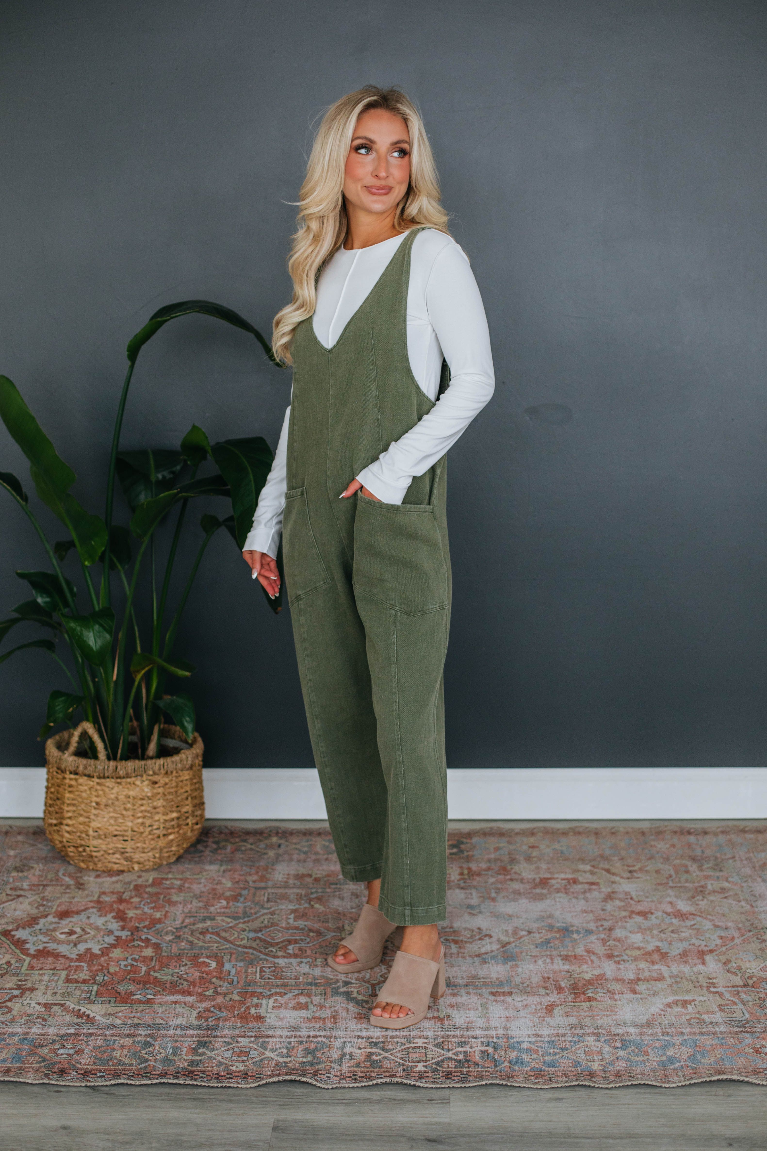 Marleigh Denim Jumpsuit - Olive sold by Wild Oak Boutique product image thumbnail 3