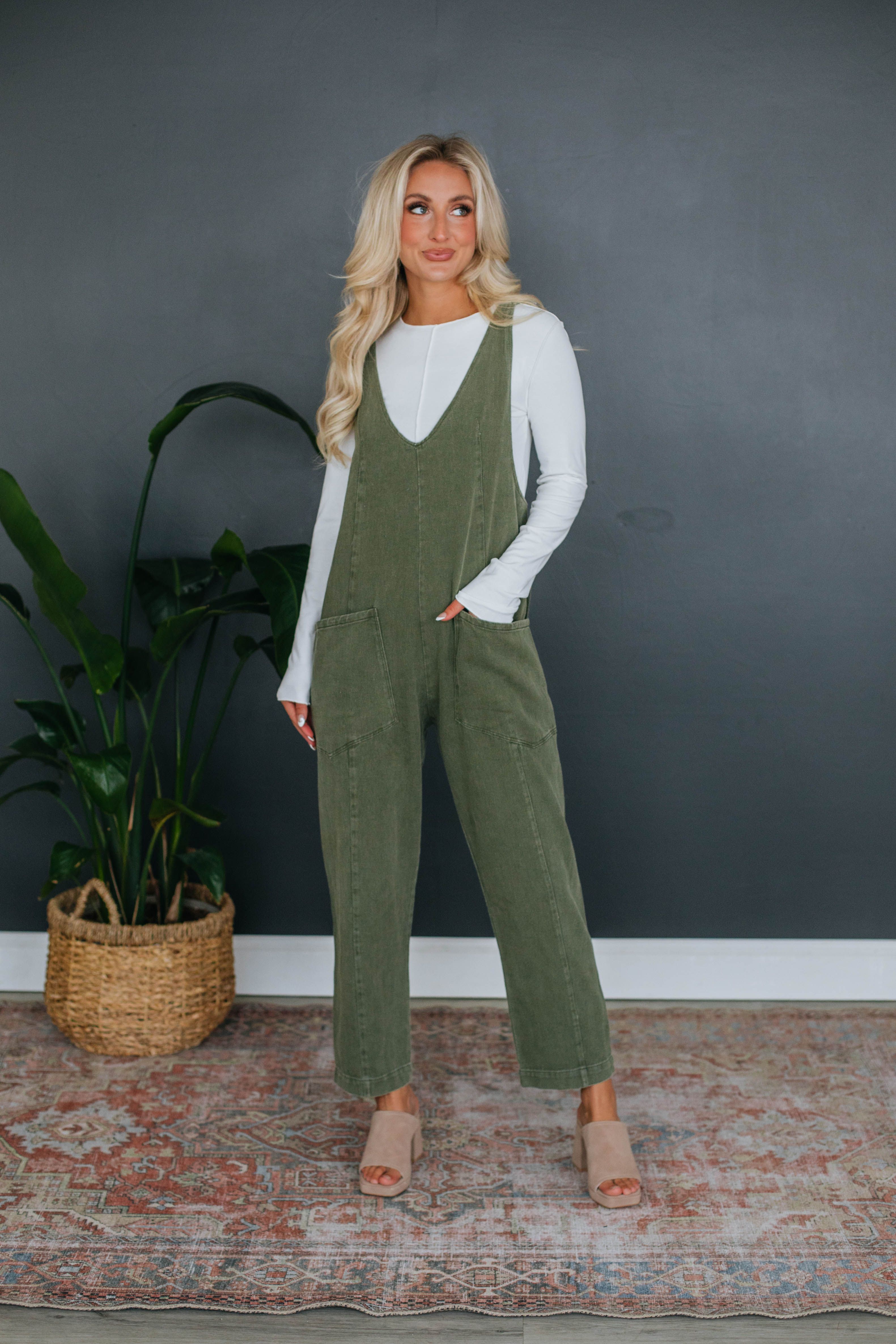 Marleigh Denim Jumpsuit - Olive sold by Wild Oak Boutique product image thumbnail 5