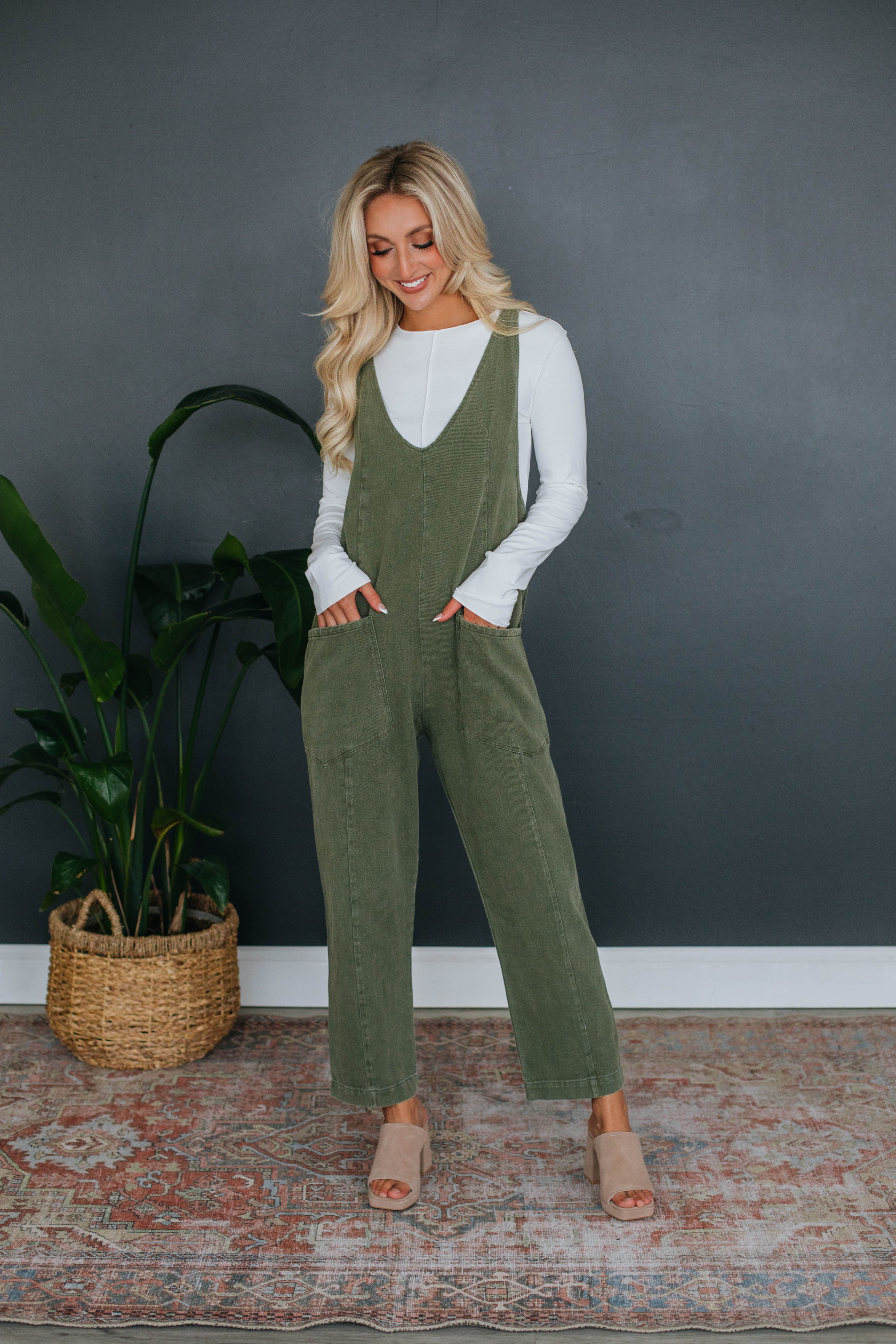 Marleigh Denim Jumpsuit - Olive sold by Wild Oak Boutique