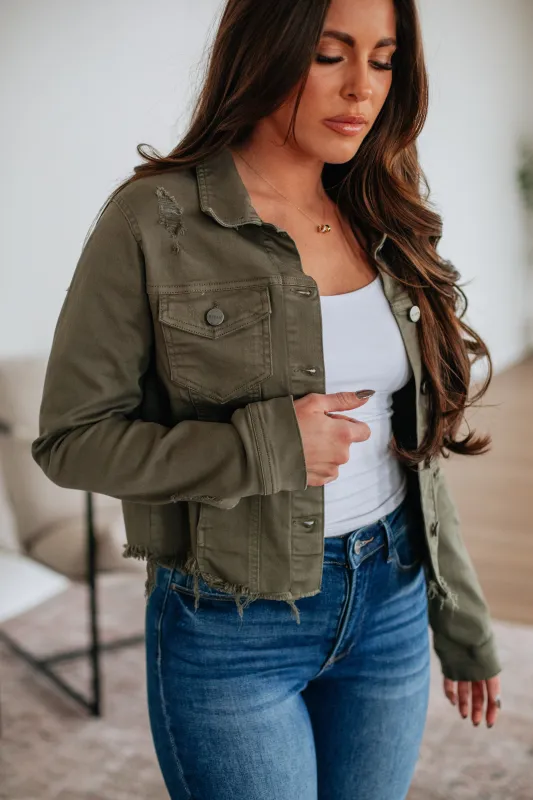 Gemma Risen Denim Jacket - Dark Olive sold by Wild Oak Boutique