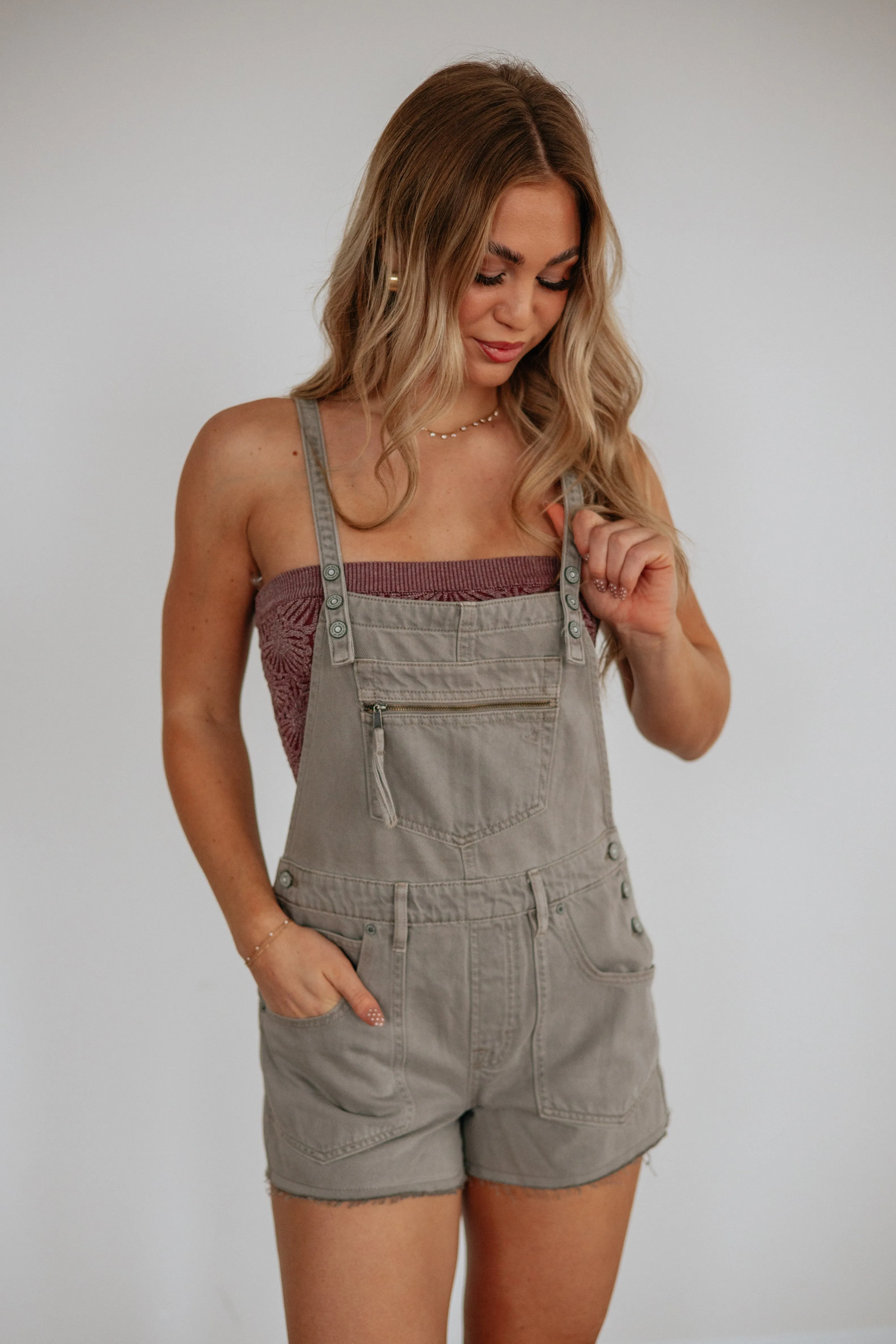 Dylan Hidden Short Overalls - Gravel sold by Wild Oak Boutique