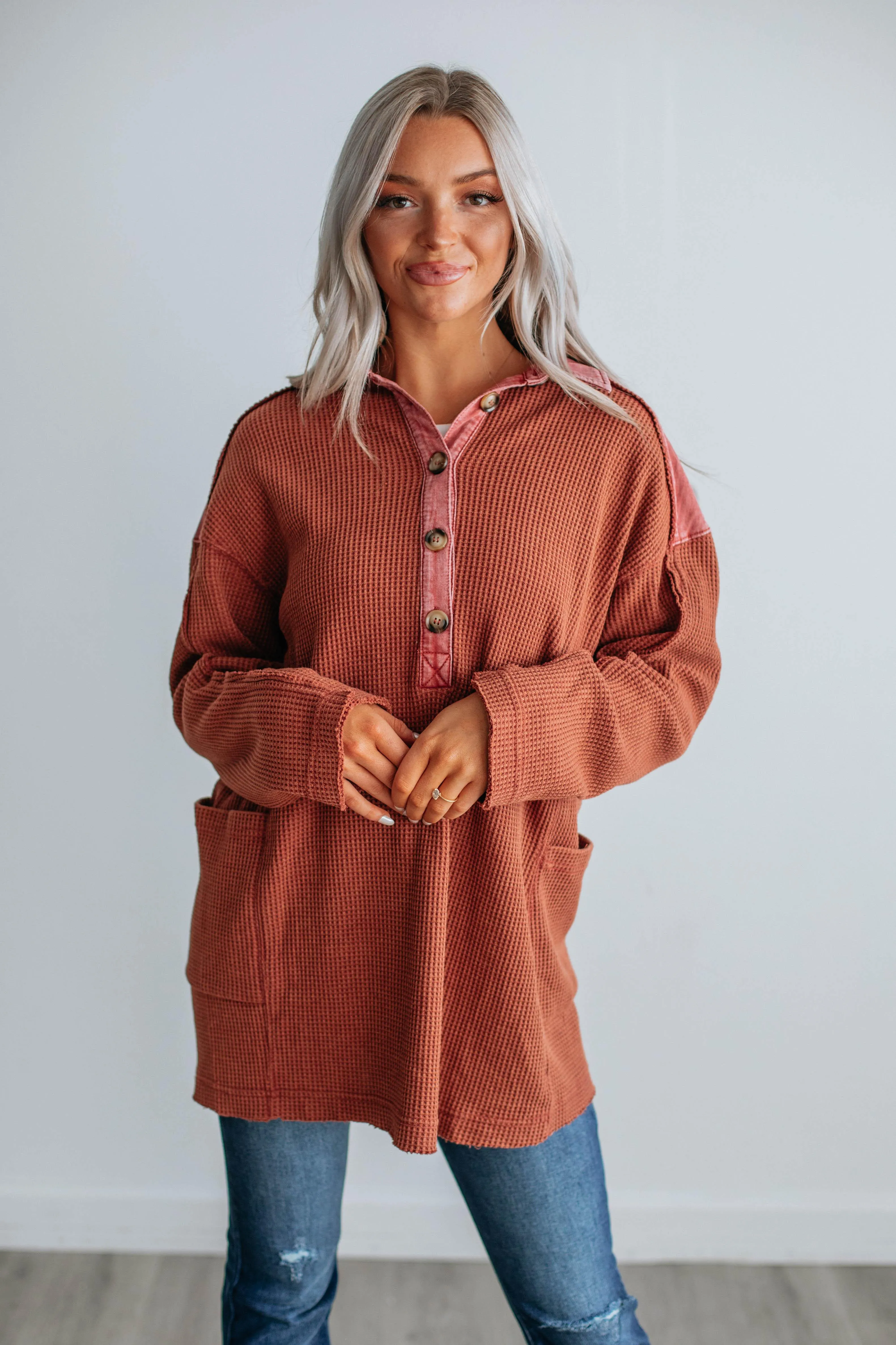 Monet Oversized Henley Top - Brick sold by Wild Oak Boutique