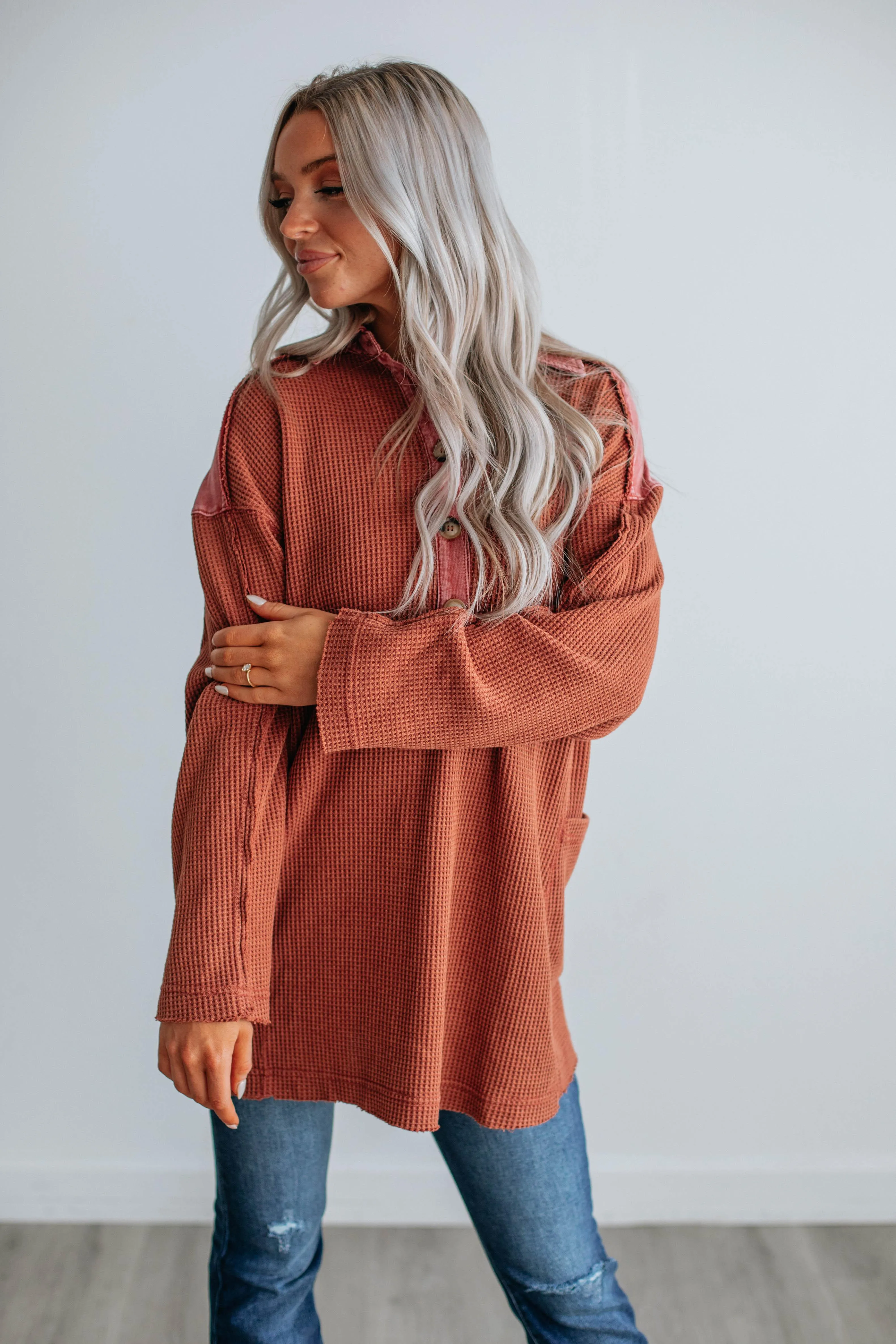 Monet Oversized Henley Top - Brick sold by Wild Oak Boutique product image thumbnail 4