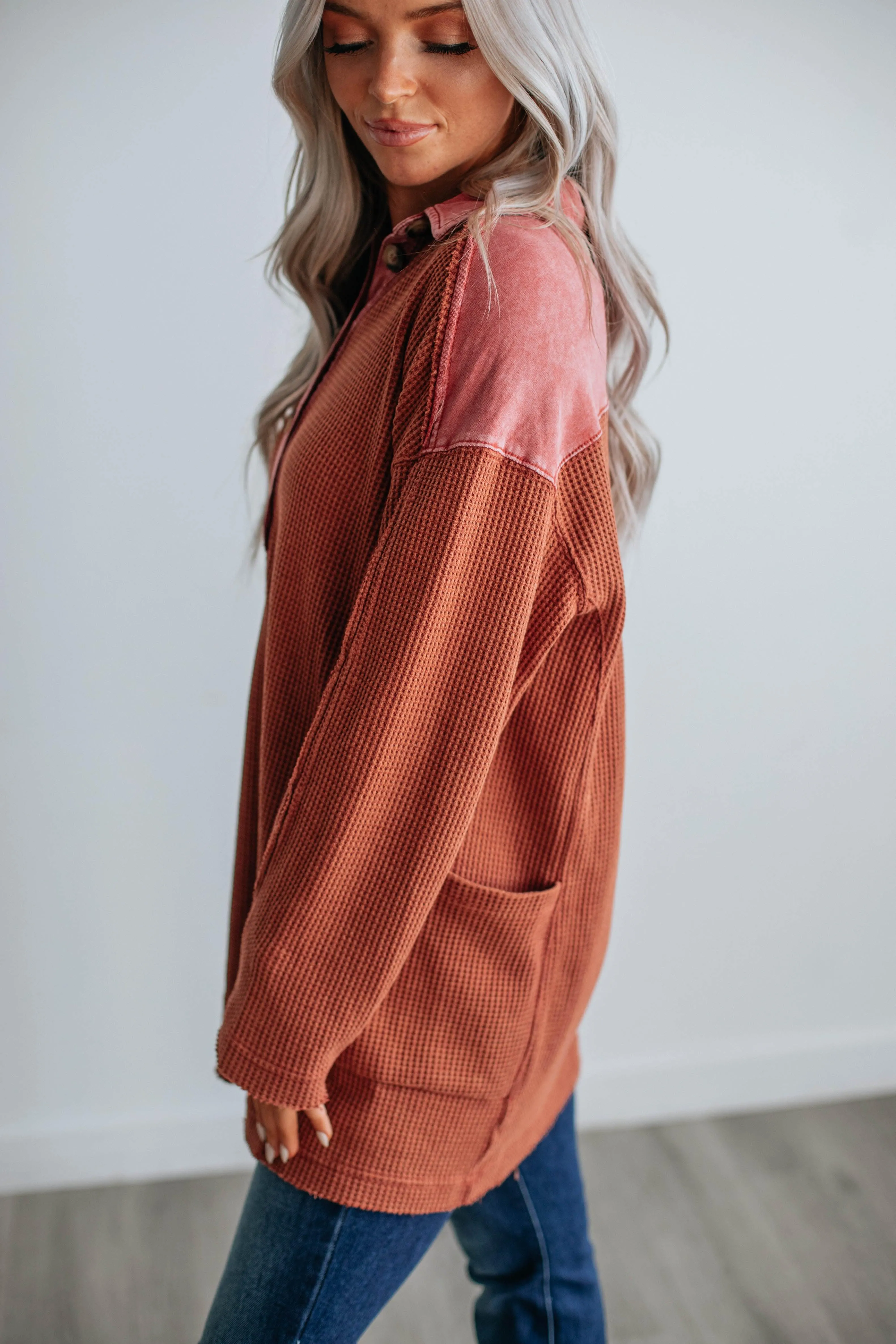 Monet Oversized Henley Top - Brick sold by Wild Oak Boutique product image thumbnail 2