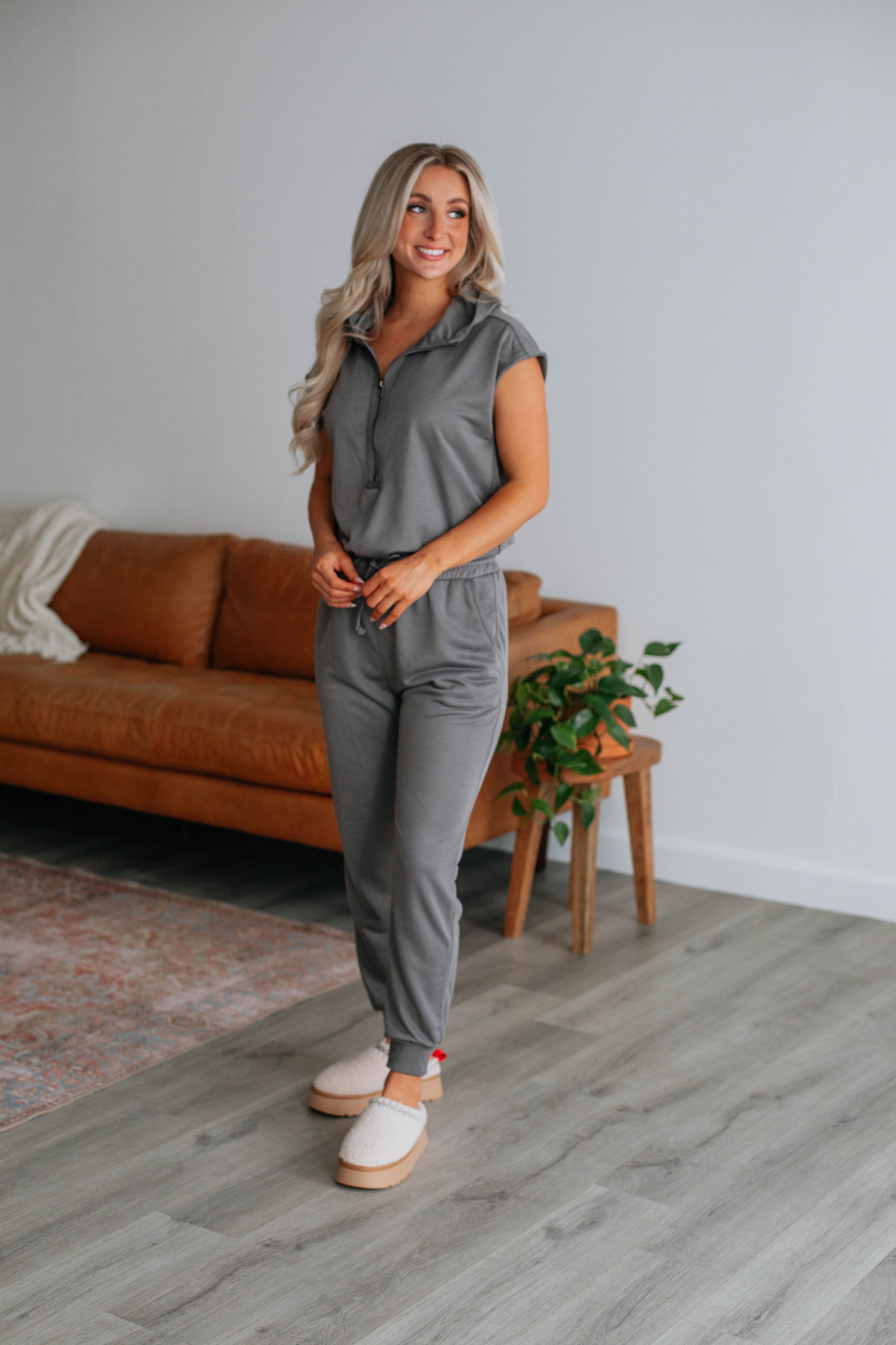 Darianna Hooded Jumpsuit - Charcoal sold by Wild Oak Boutique