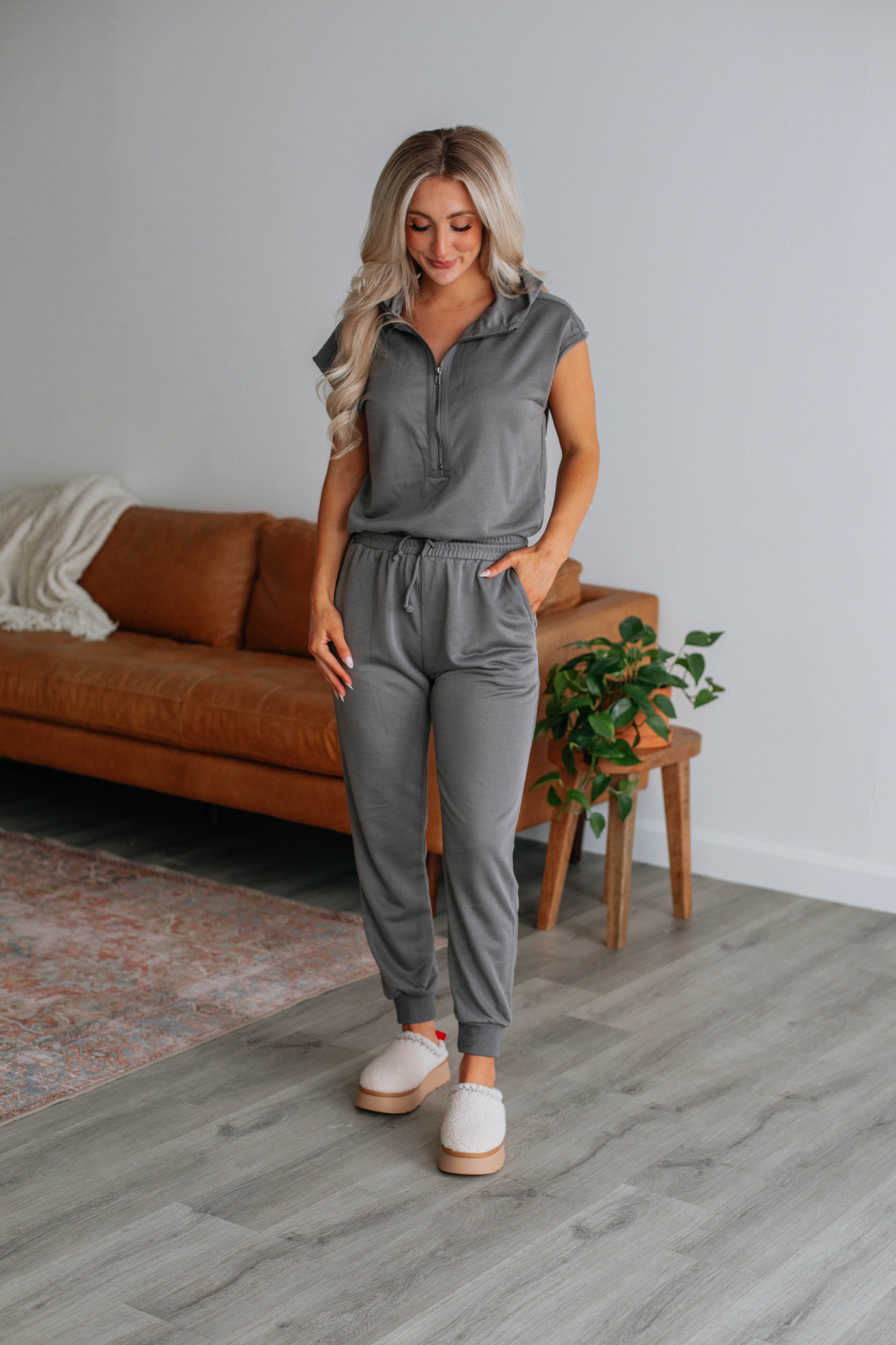 Darianna Hooded Jumpsuit - Charcoal sold by Wild Oak Boutique product image thumbnail 3
