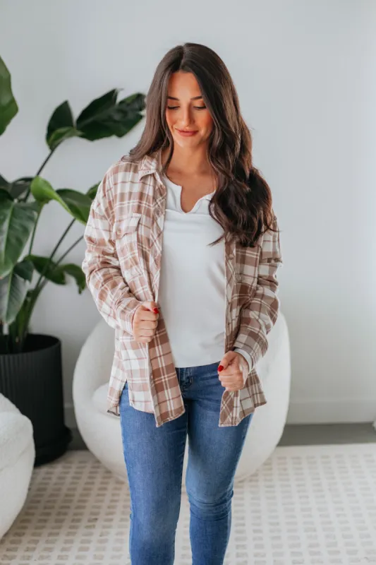 Tehlie Flannel Top - Mocha sold by Wild Oak Boutique