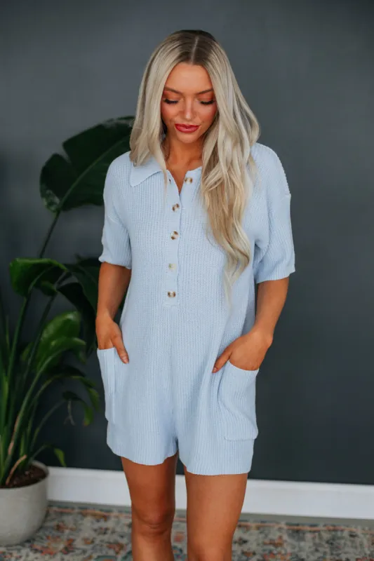 Zane Knit Romper - Sky Blue sold by Wild Oak Boutique