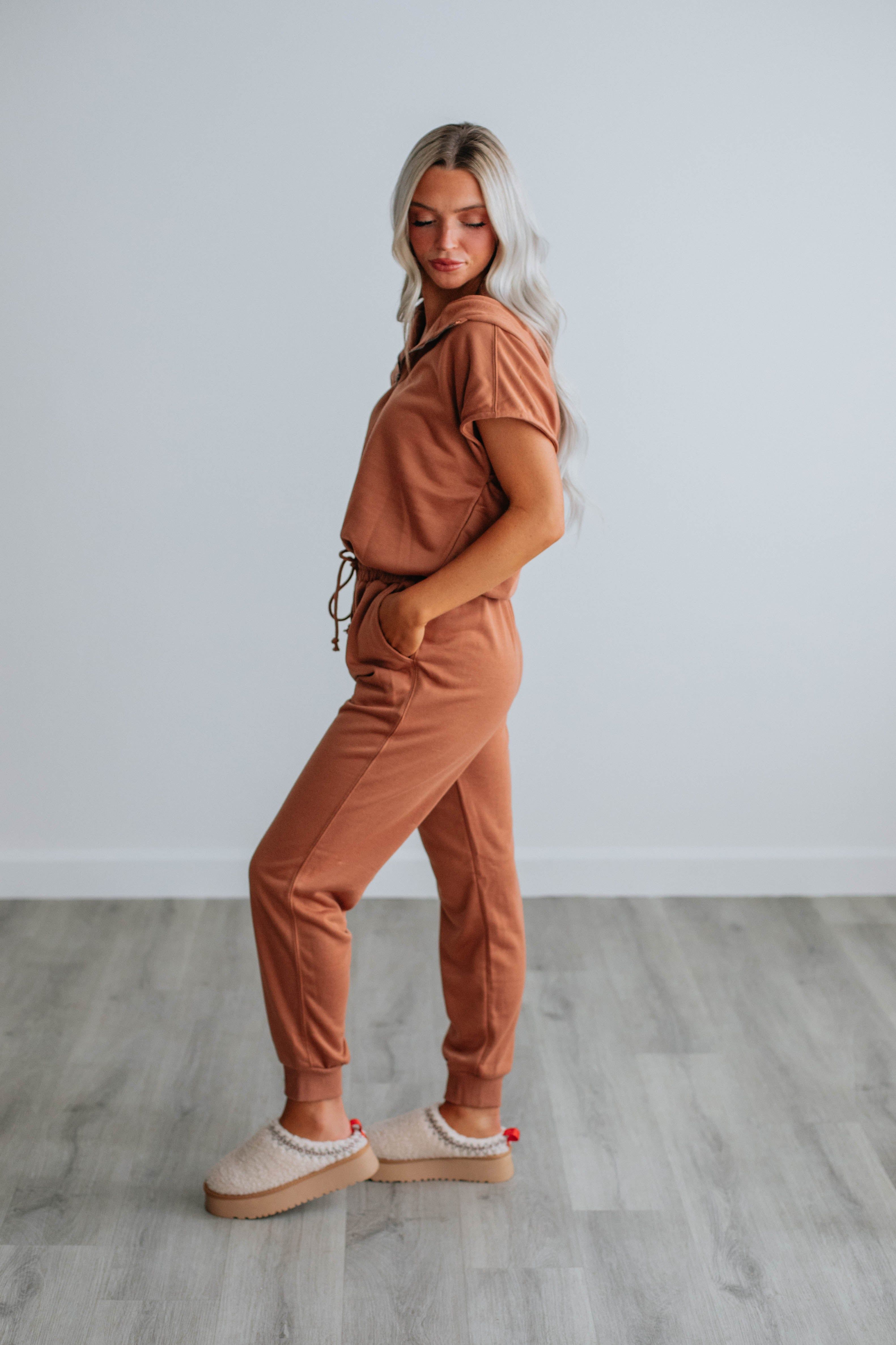 Darianna Hooded Jumpsuit - Clay sold by Wild Oak Boutique product image thumbnail 2