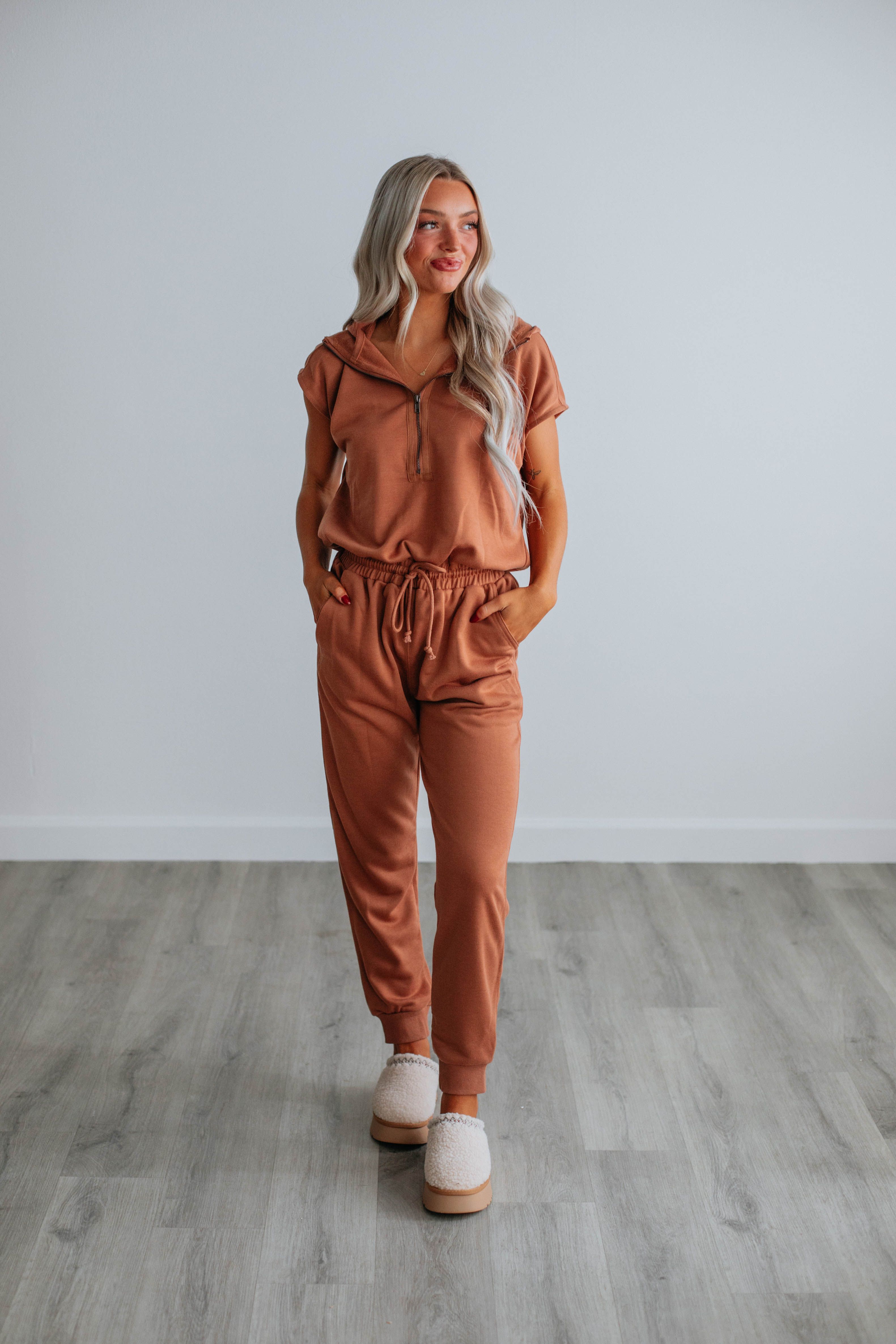Darianna Hooded Jumpsuit - Clay sold by Wild Oak Boutique