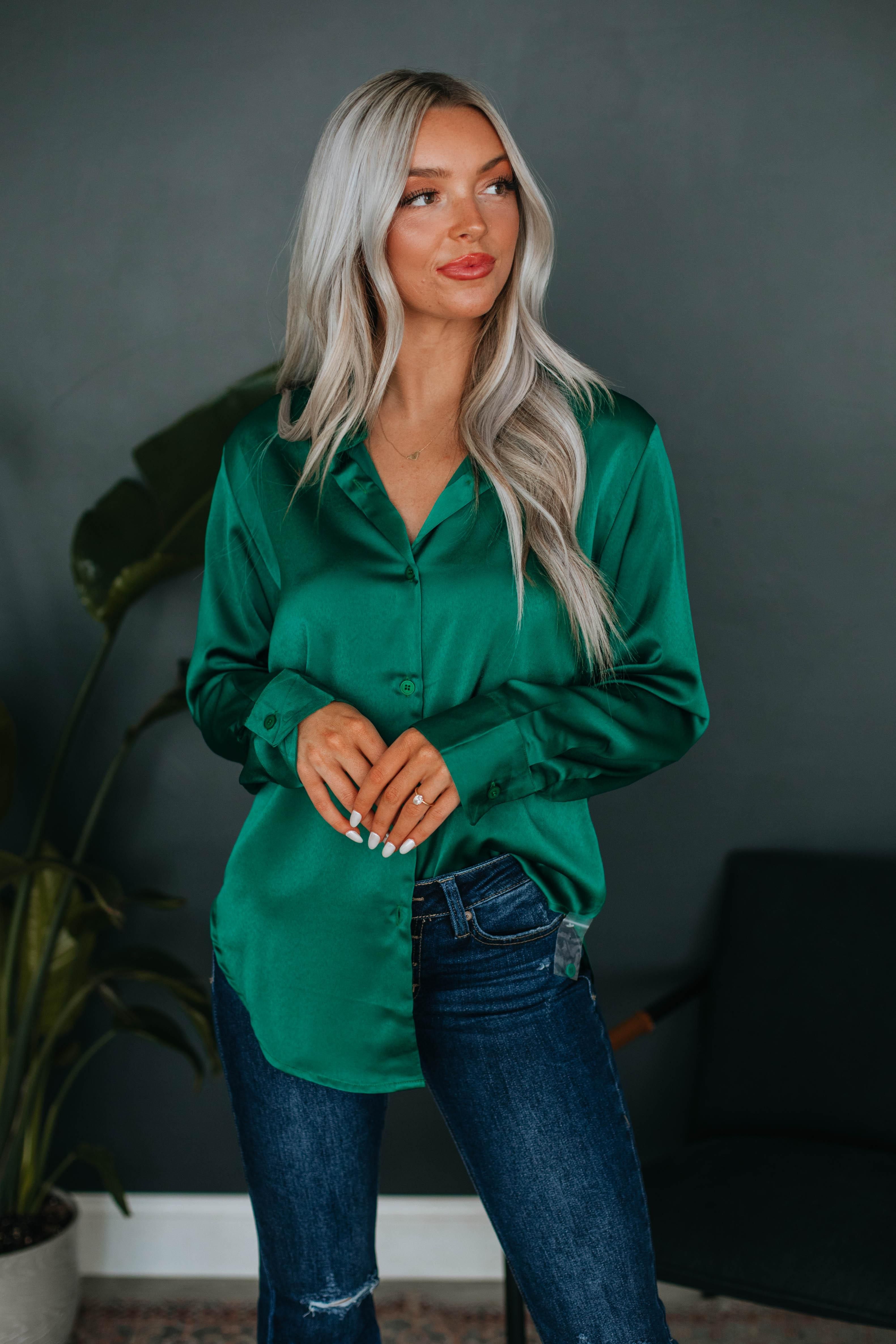 Quinn Button Down Blouse - Hunter Green sold by Wild Oak Boutique