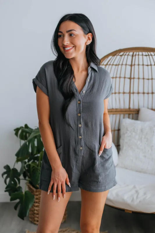 Louella Romper - Charcoal sold by Wild Oak Boutique