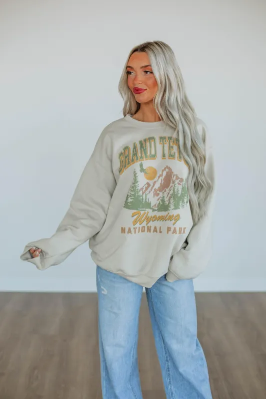 Grand Teton Graphic Crewneck - Sand sold by Wild Oak Boutique