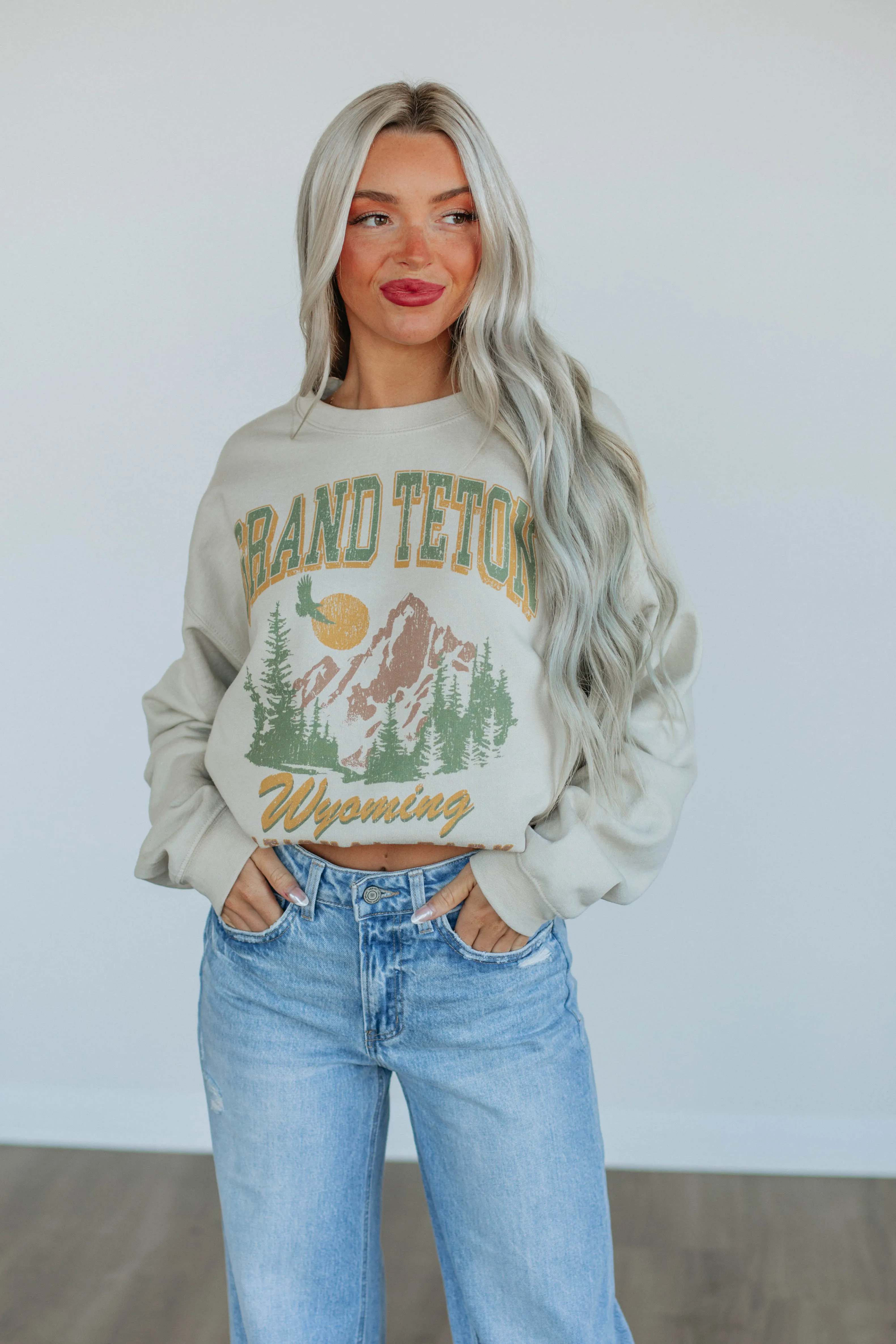 Grand Teton Graphic Crewneck - Sand sold by Wild Oak Boutique product image thumbnail 2