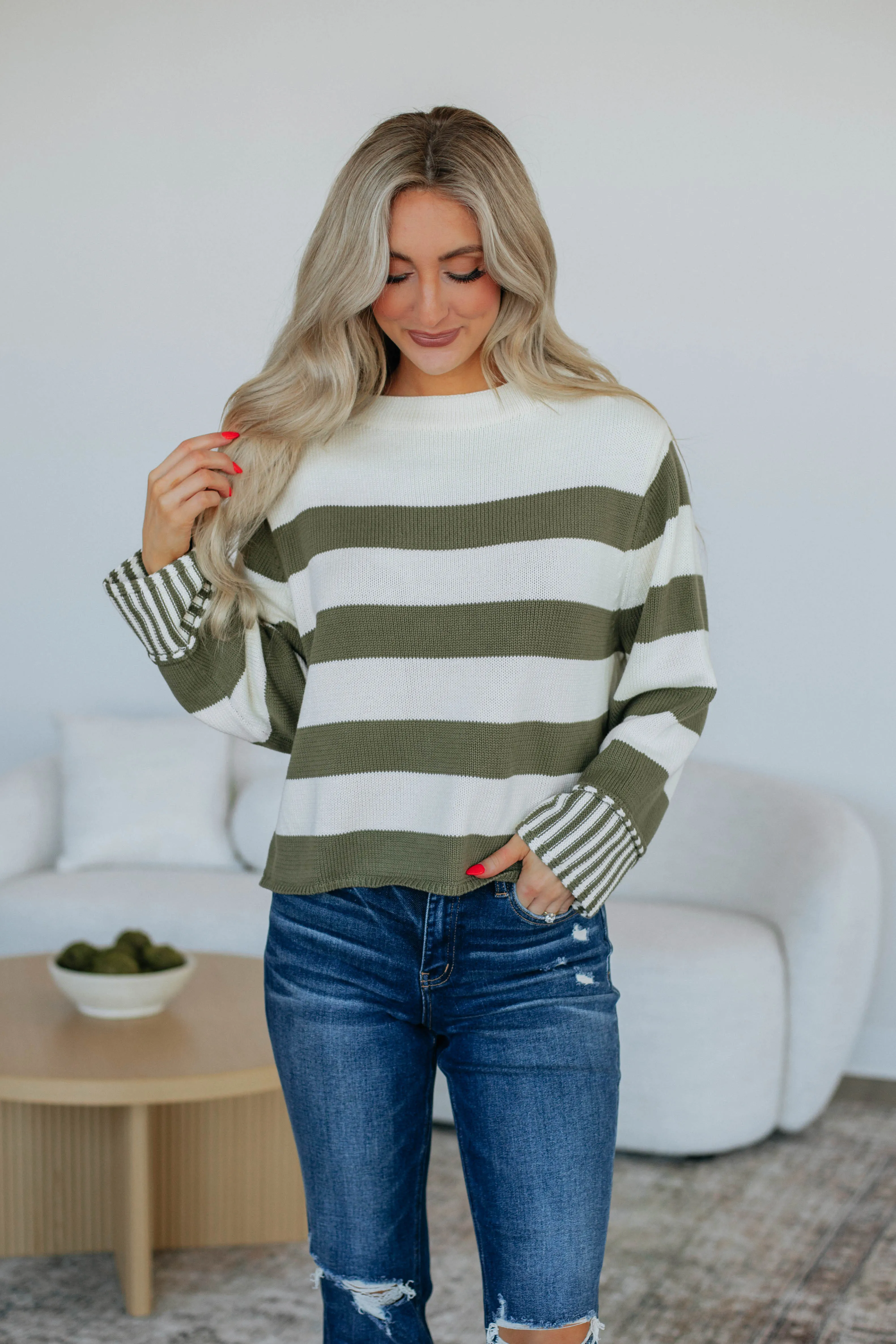 Candyce Striped Sweater - Olive sold by Wild Oak Boutique product image thumbnail 3
