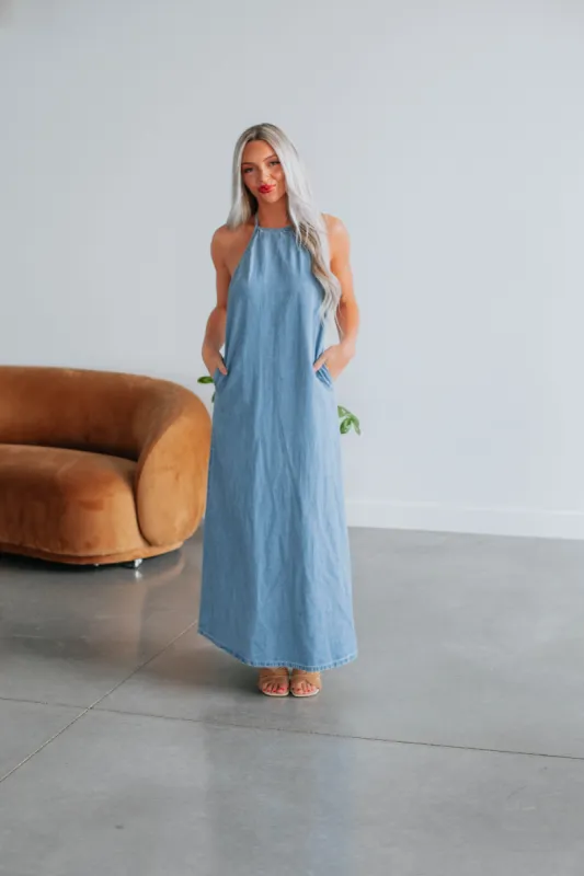 Debra Denim Maxi Dress sold by Wild Oak Boutique