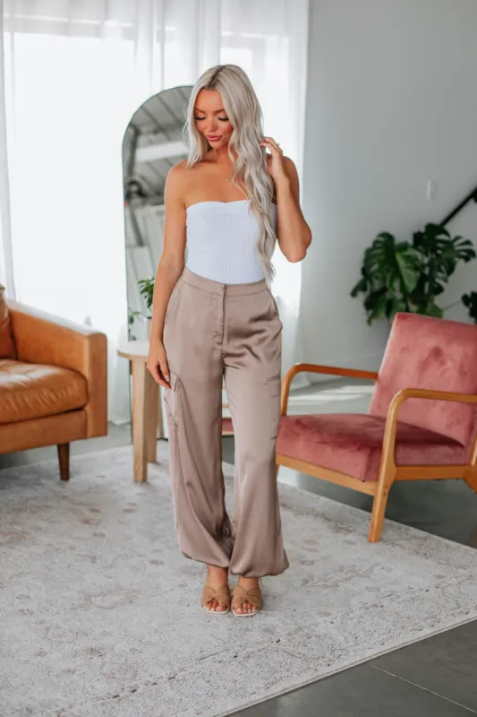 Adara Satin Cargo Pants - Taupe made by Blu Pepper