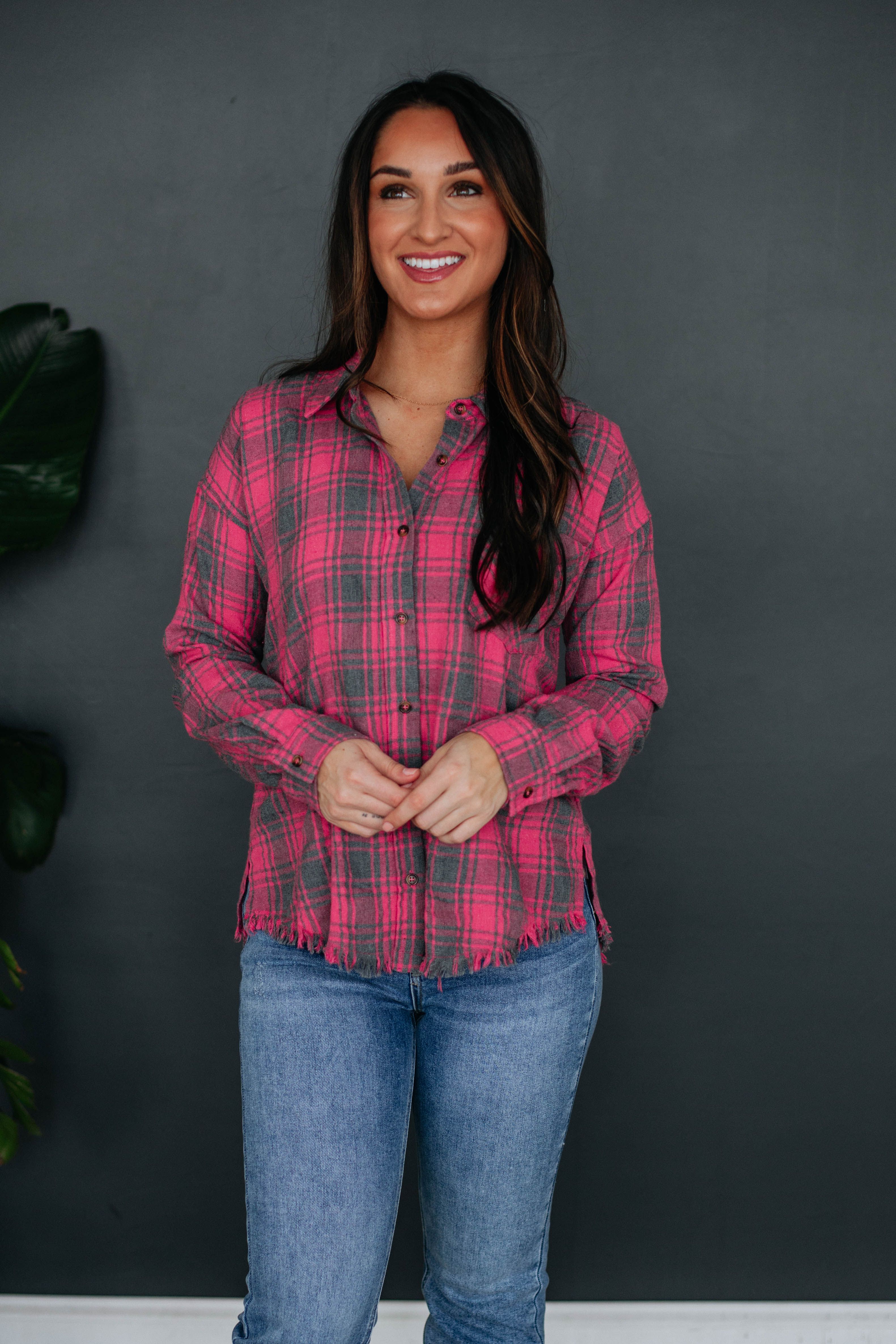 Alora Oversized Flannel - Hot Pink Mix sold by Wild Oak Boutique product image thumbnail 3